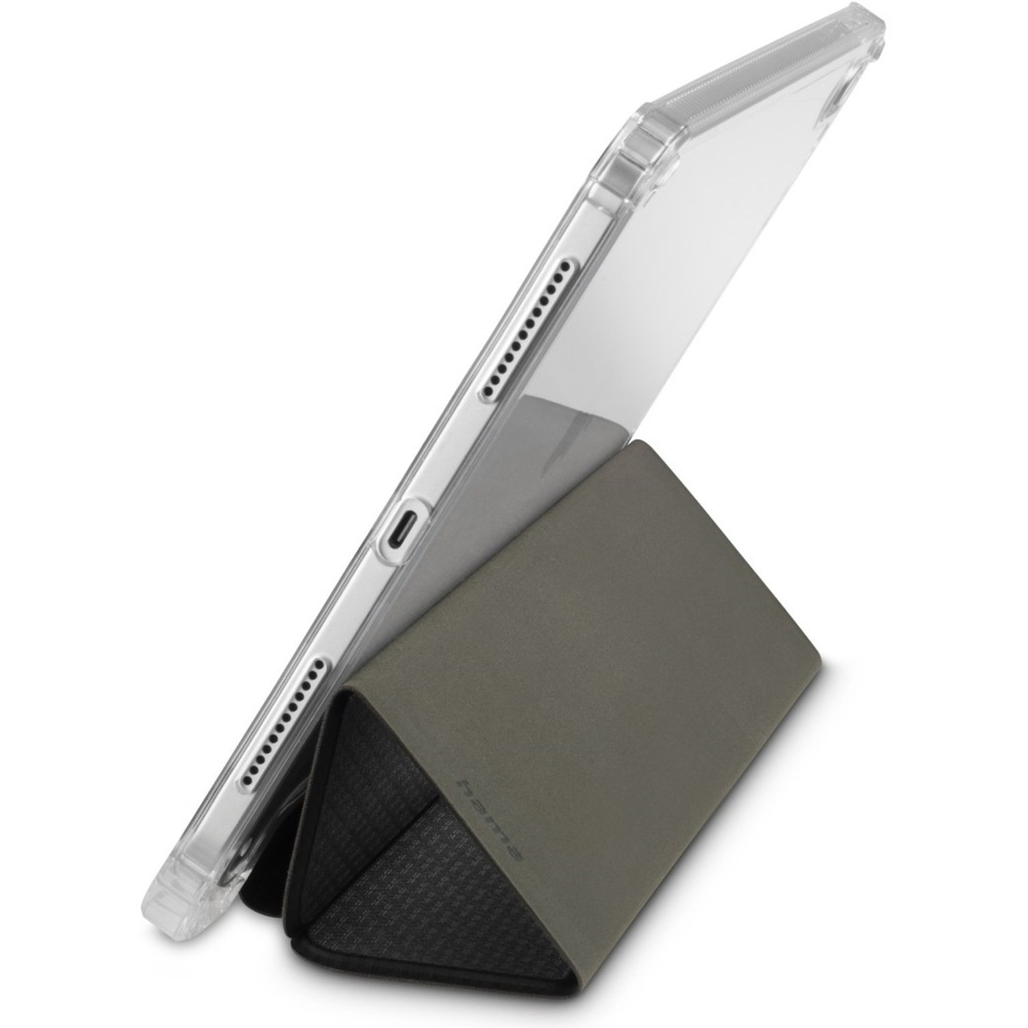 Przezroczyste etui na tablet jest podparte ciemnoszarym trójkątnym stojakiem.
