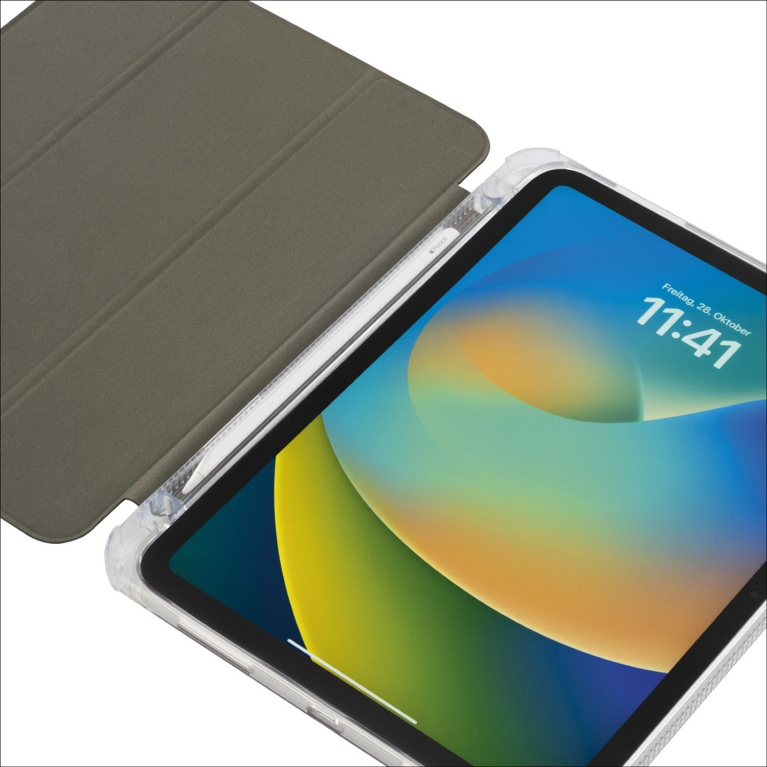 Tablet z ciemnoszarym etui i rysikiem. Na ekranie widnieje godzina.