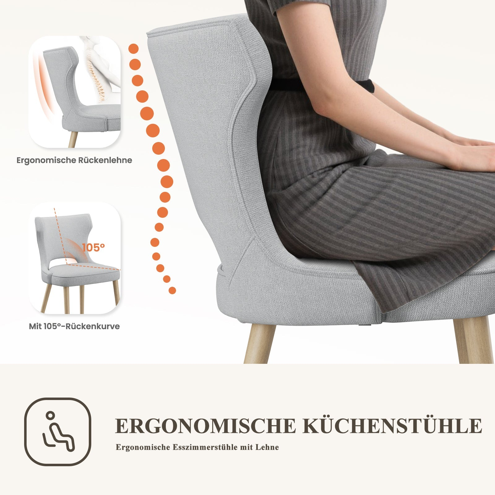 Eine Frau sitzt auf einem hellgrauen ergonomischen Stuhl mit Holzbeinen.