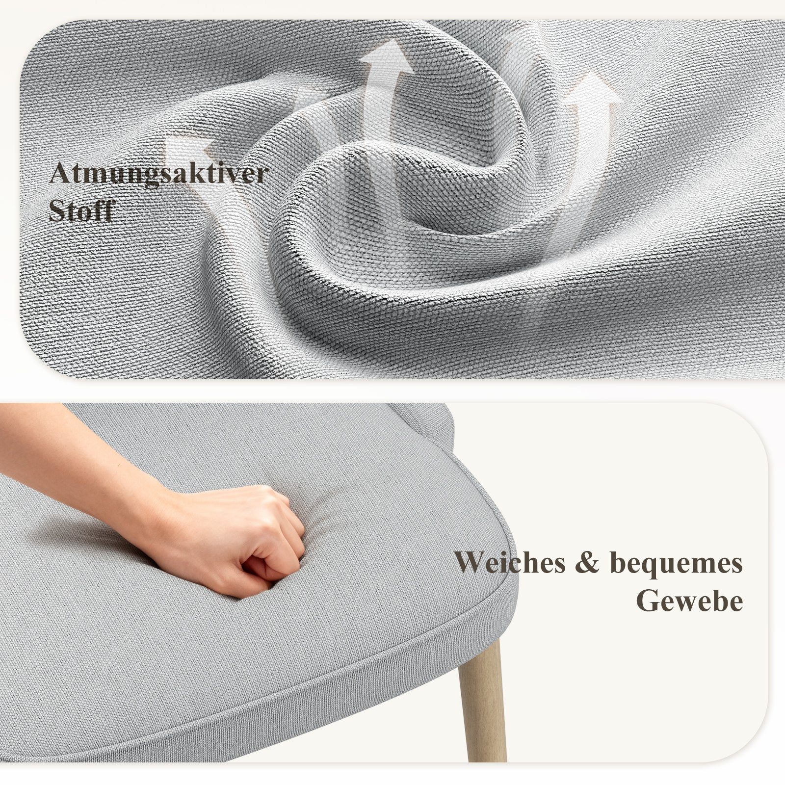 Grauer, atmungsaktiver und weicher Stoff mit Pfeilen, die Luftzirkulation und eine Hand anzeigen.