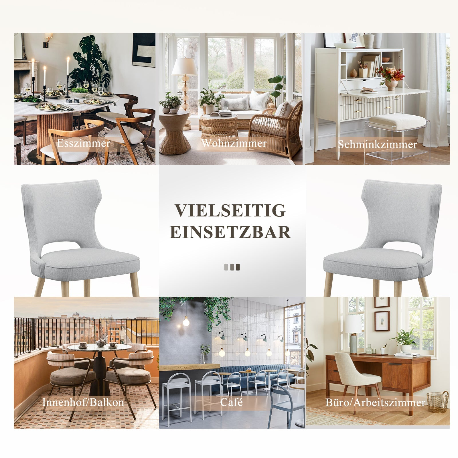 Collage zeigt verschiedene Wohnbereiche: Esszimmer, Wohnzimmer, Schminkzimmer, Balkon, Café, Büro.