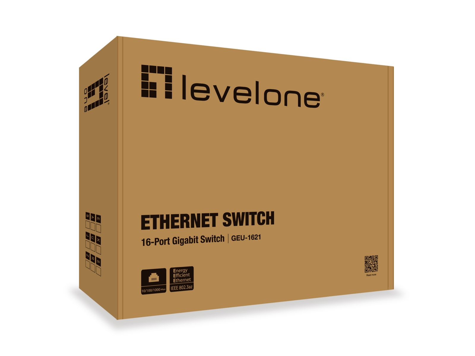 Switch Ethernet LevelOne 16 Porte Gigabit GEU-1621 su confezione marrone.