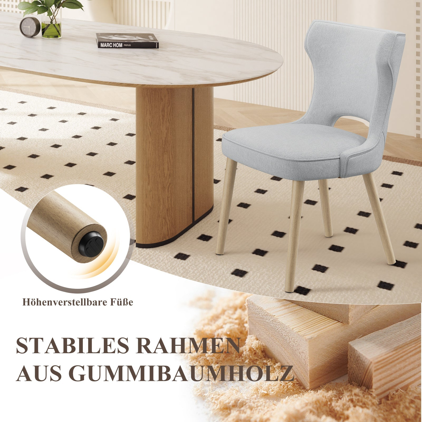 Ein heller Esszimmerstuhl neben einem ovalen Tisch mit Marmorplatte. Höhenverstellbare Füße.