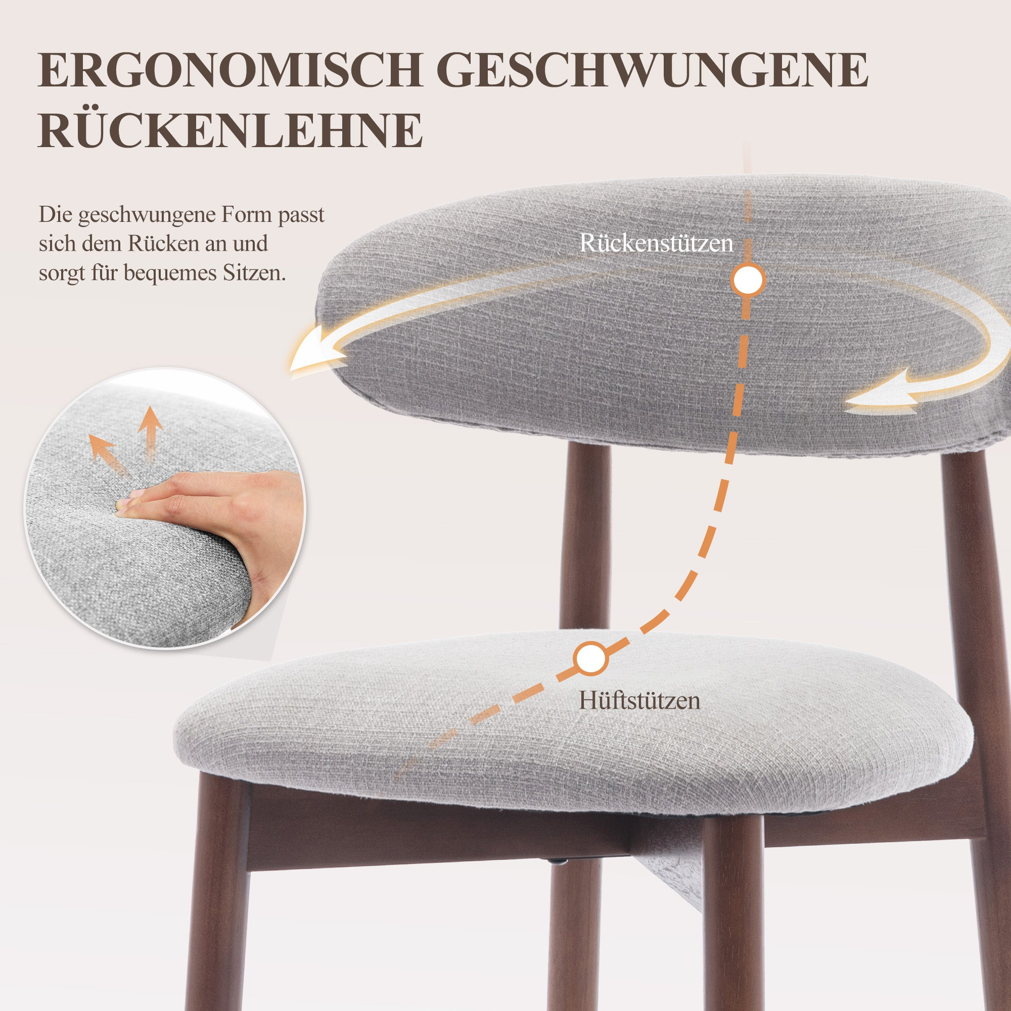 Grauer Stuhl mit geschwungener Rückenlehne und Sitzfläche, die Stützpunkte zeigen.