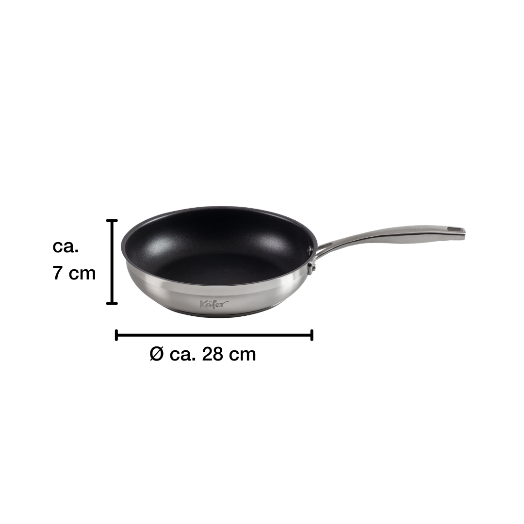 Eine silberne Bratpfanne mit schwarzem Inneren, 28cm Durchmesser, 7cm Höhe.