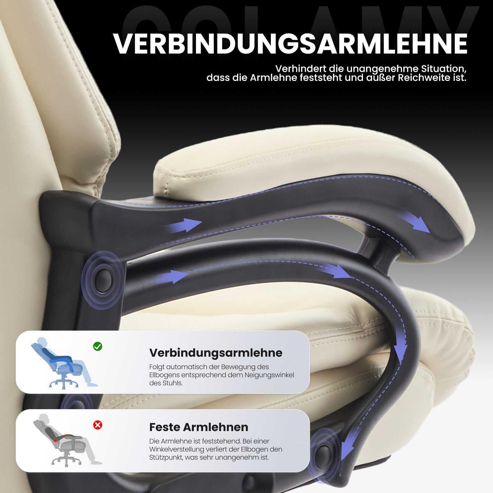 Ein Bürostuhl mit verstellbaren Armlehnen mit Pfeilen, die Bewegung anzeigen.