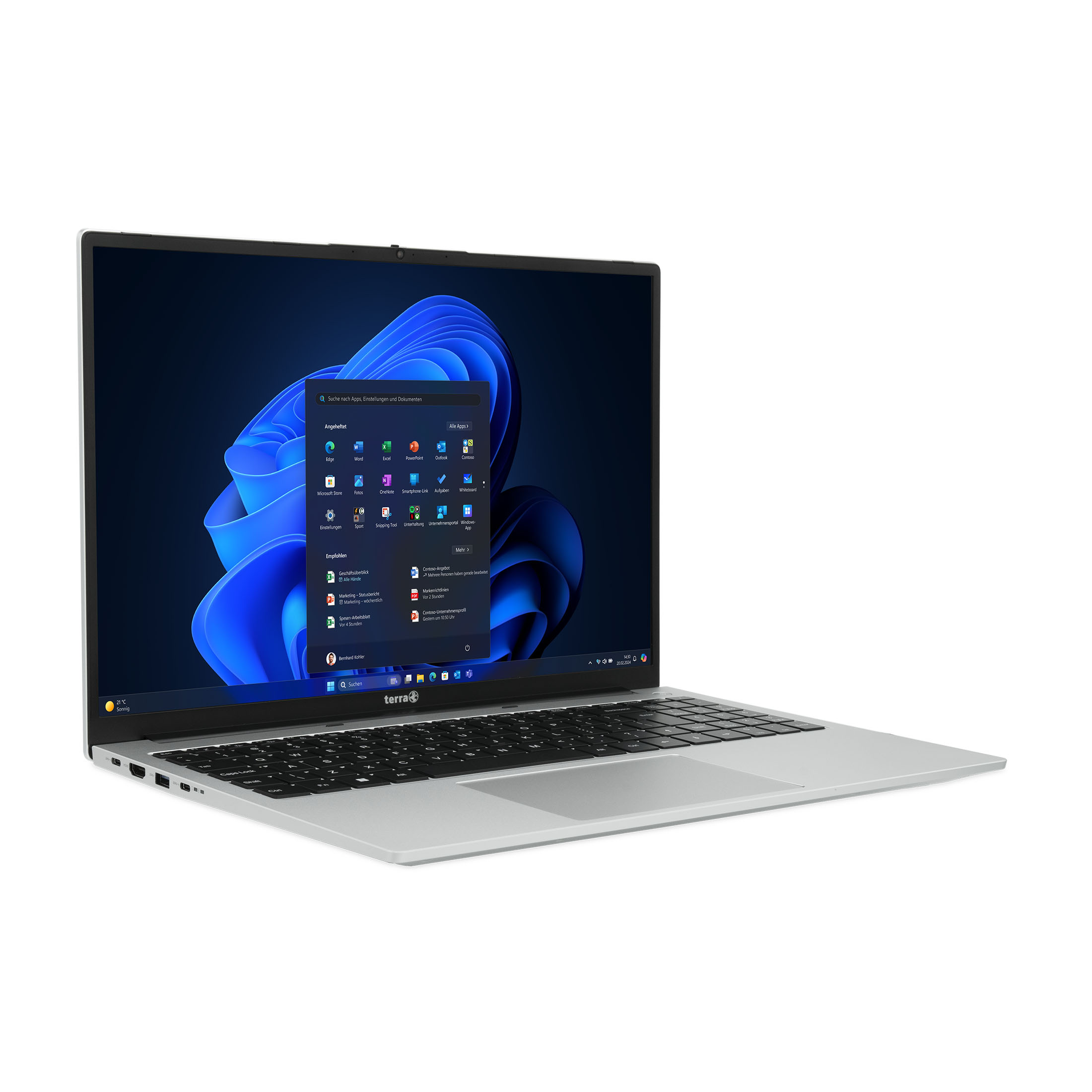 Ein offener, silberner Laptop mit Windows 11 und einer blauen Tapete.