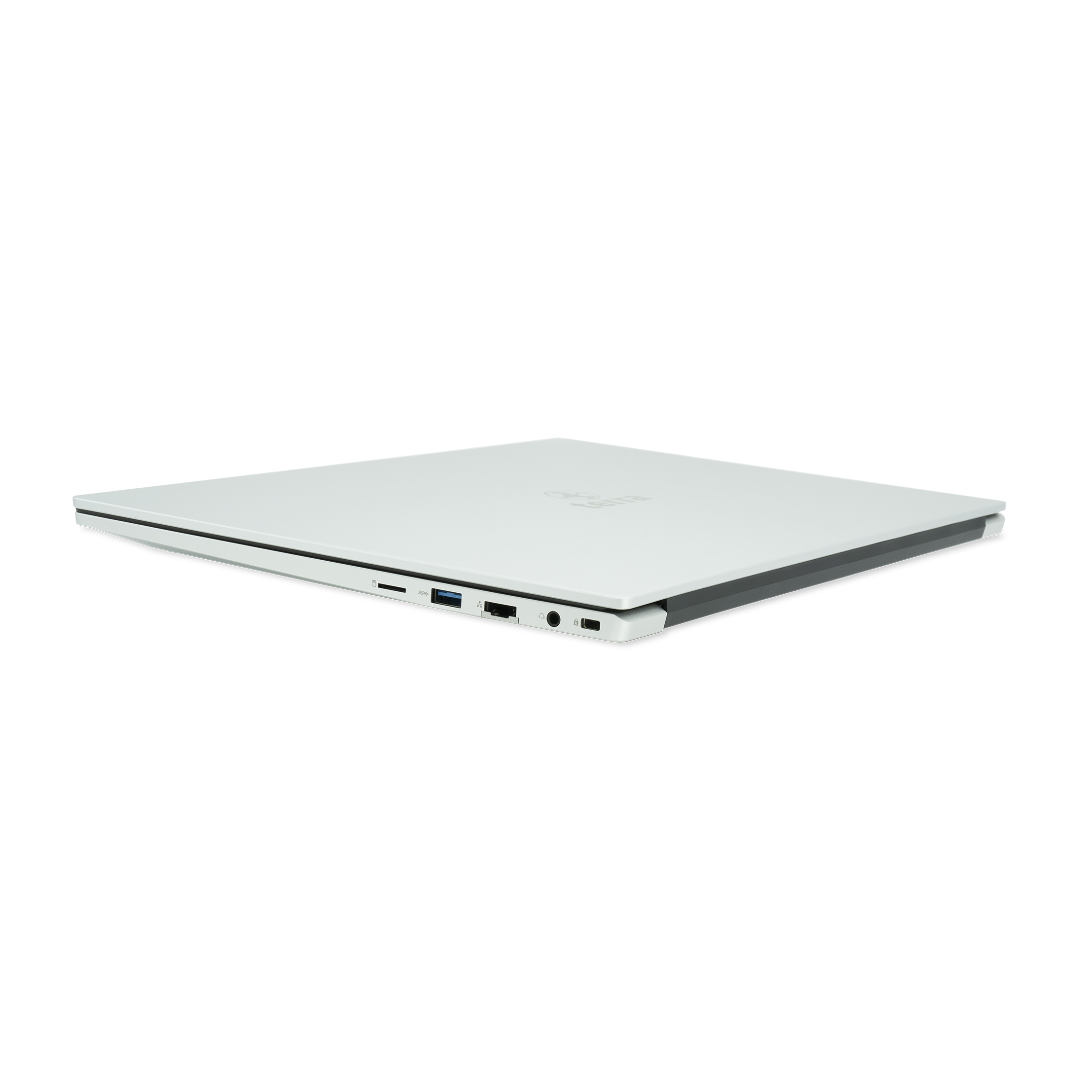 Geschlossener weißer Laptop mit Anschlüssen an der Seite.