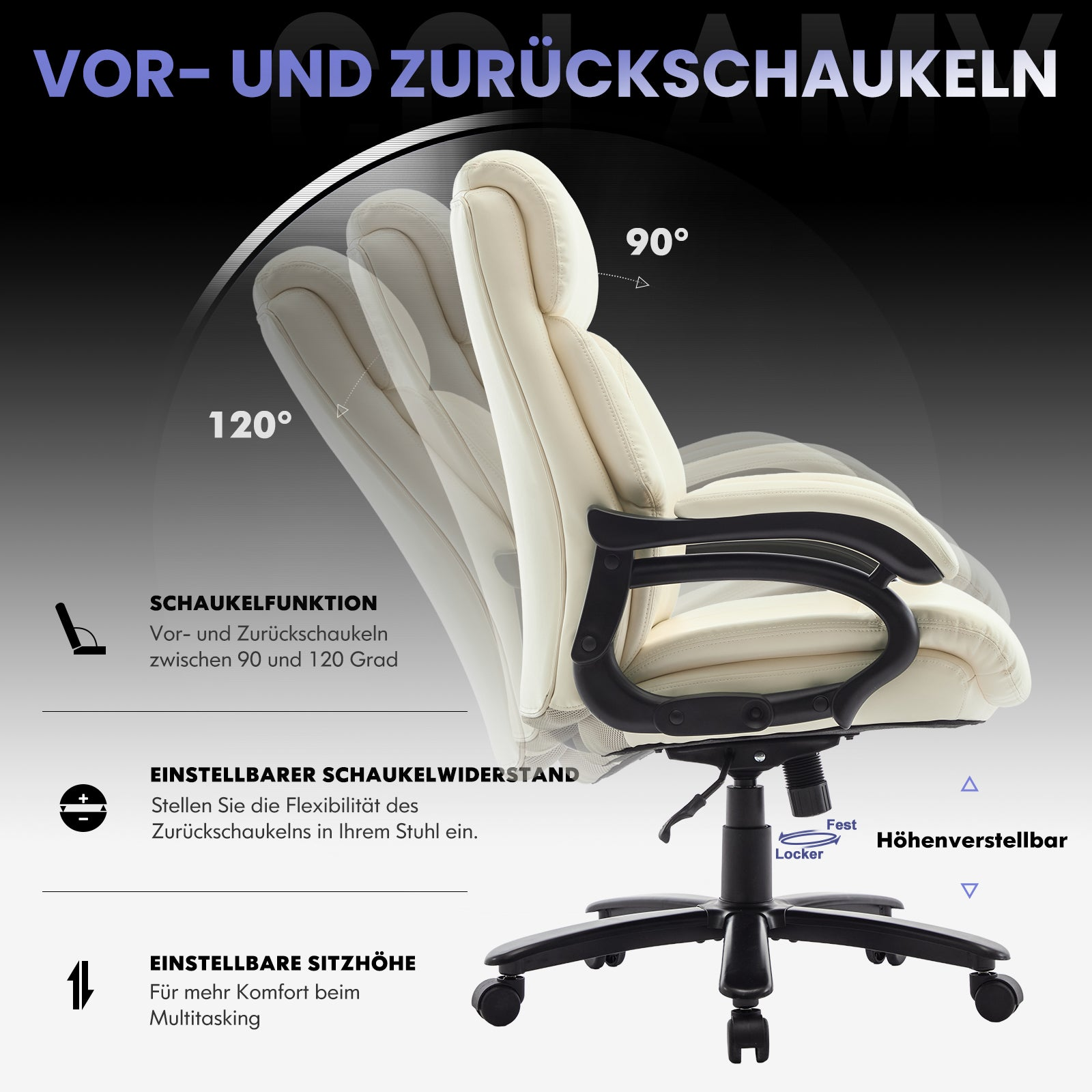 Beige Bürostuhl mit Kippfunktion zwischen 90 und 120 Grad.