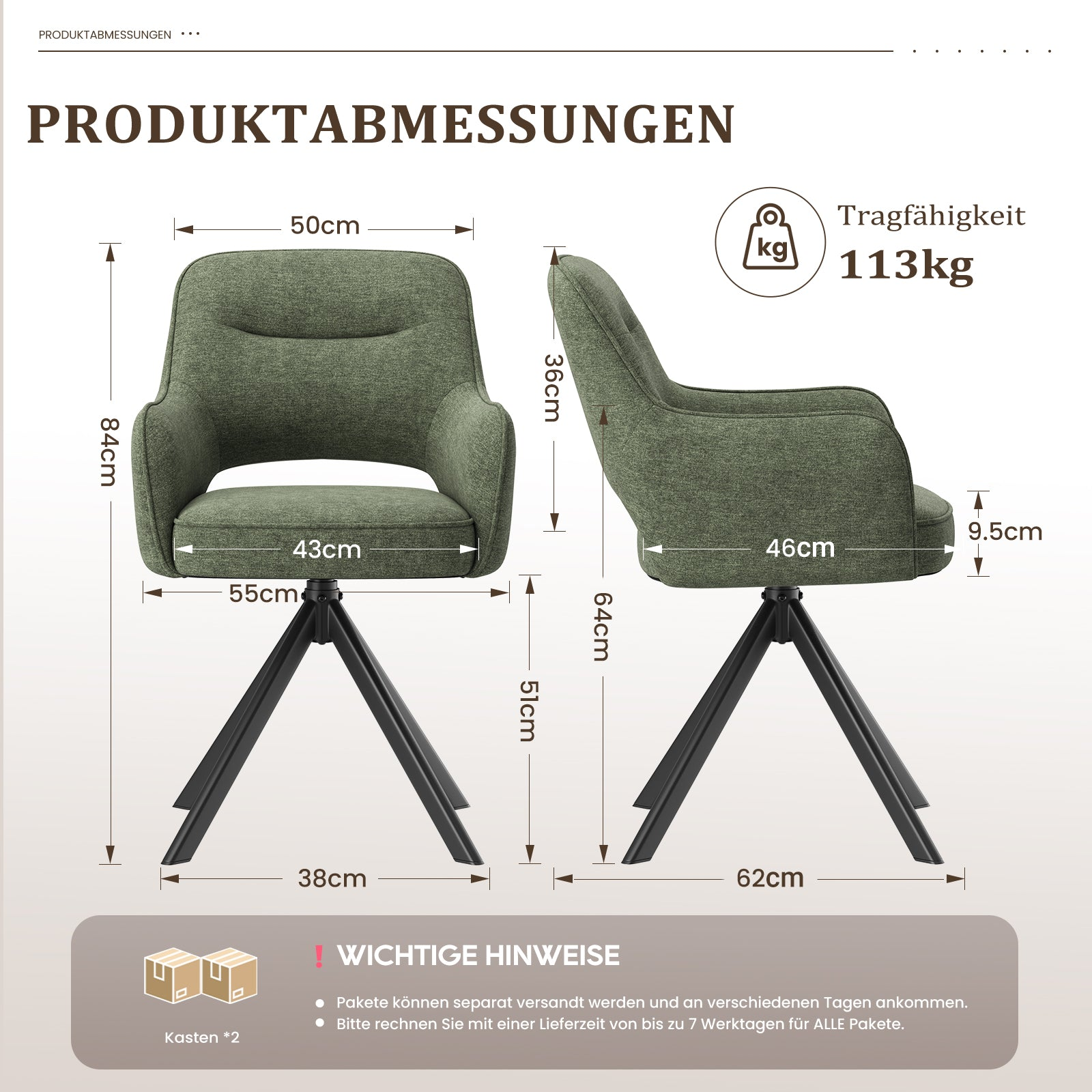 Grüner Stuhl mit Maßen: 84cm H, 50cm B, 43cm Sitzbreite, 113kg Traglast.