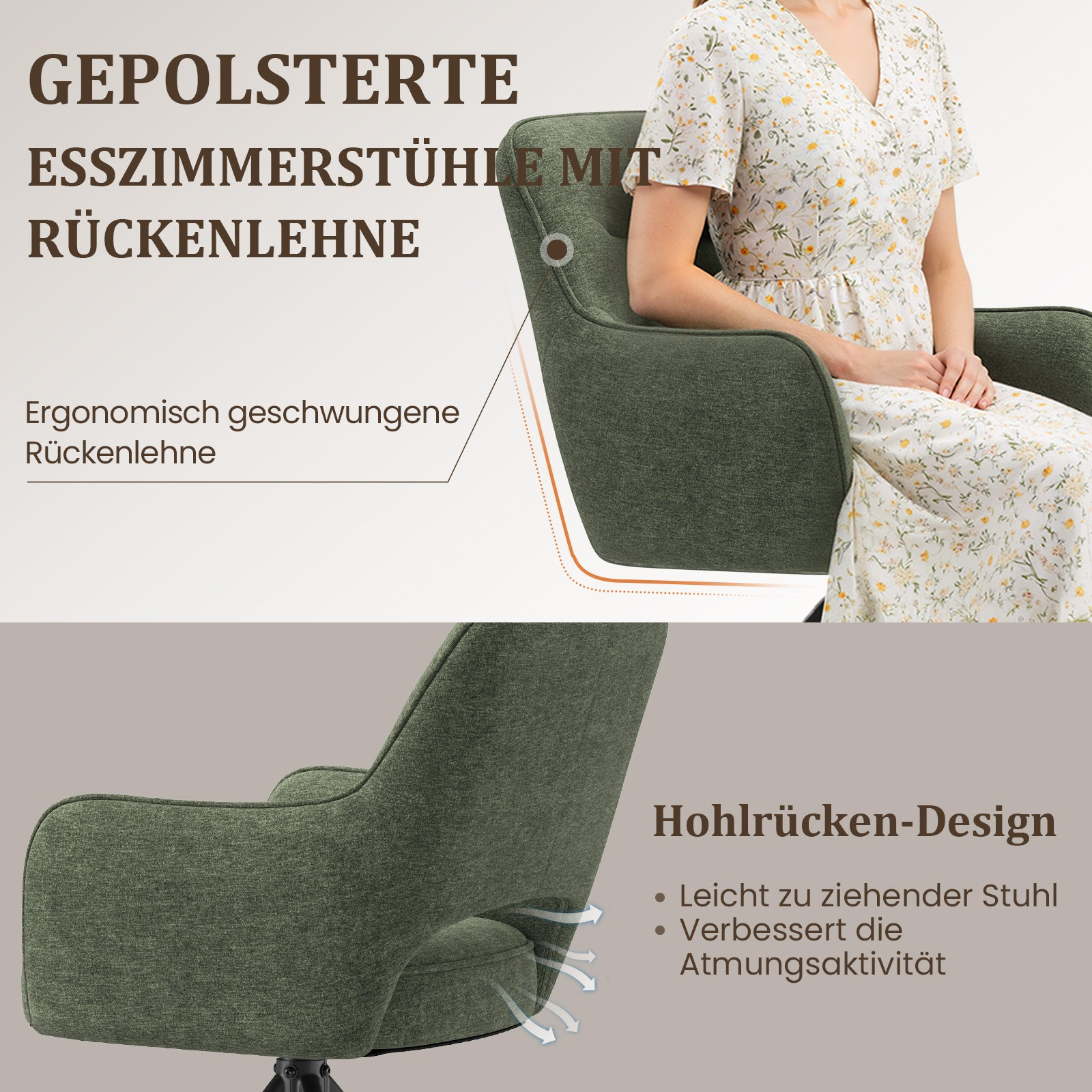 Ein grüner Polsterstuhl mit geschwungener Rückenlehne, auf dem eine Frau sitzt.