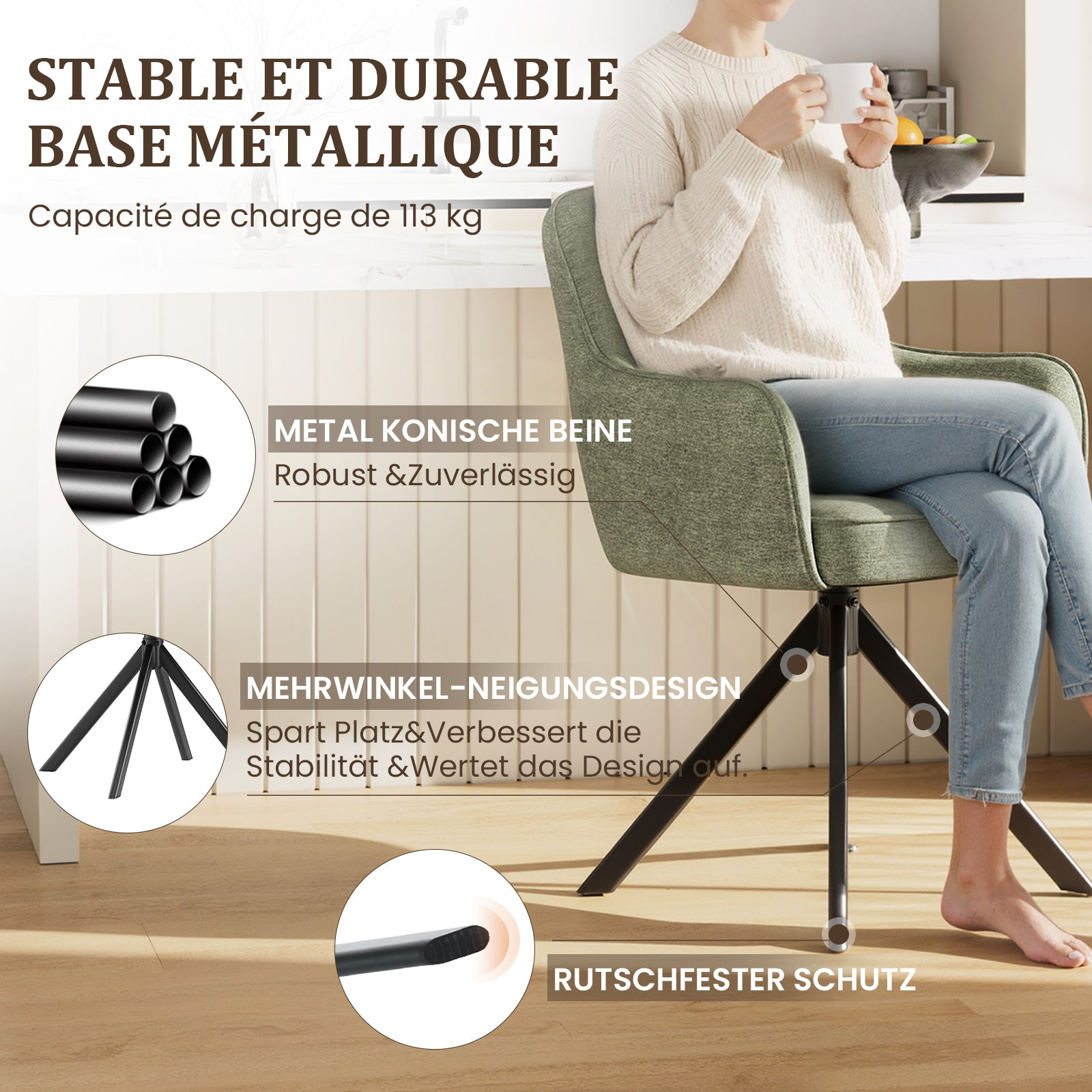 Grüner Drehstuhl mit Metallfuß, Person hält Tasse, Text über Stabilität.