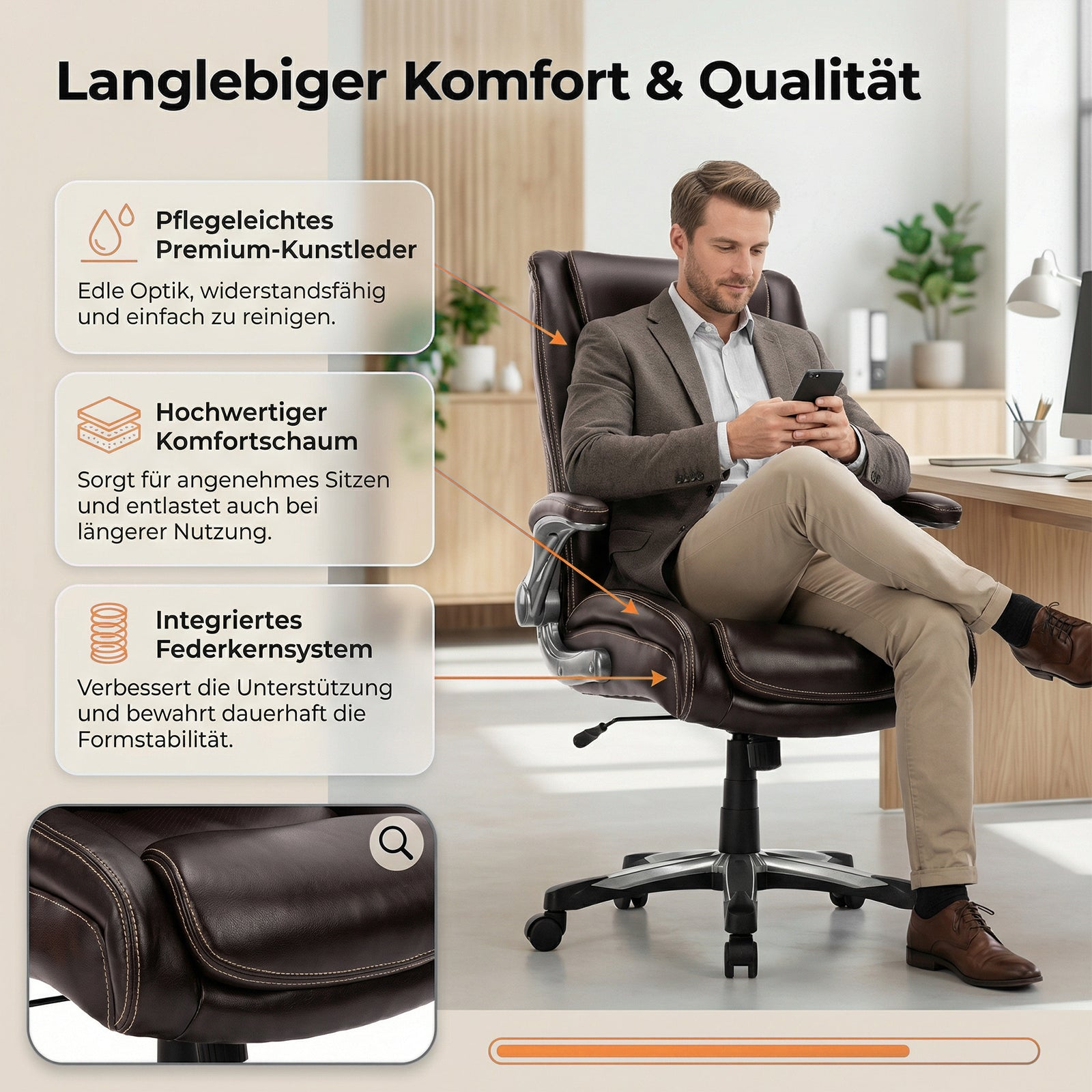 Mann sitzt in braunem Ledersessel, Handy in der Hand. Merkmale aufgelistet.