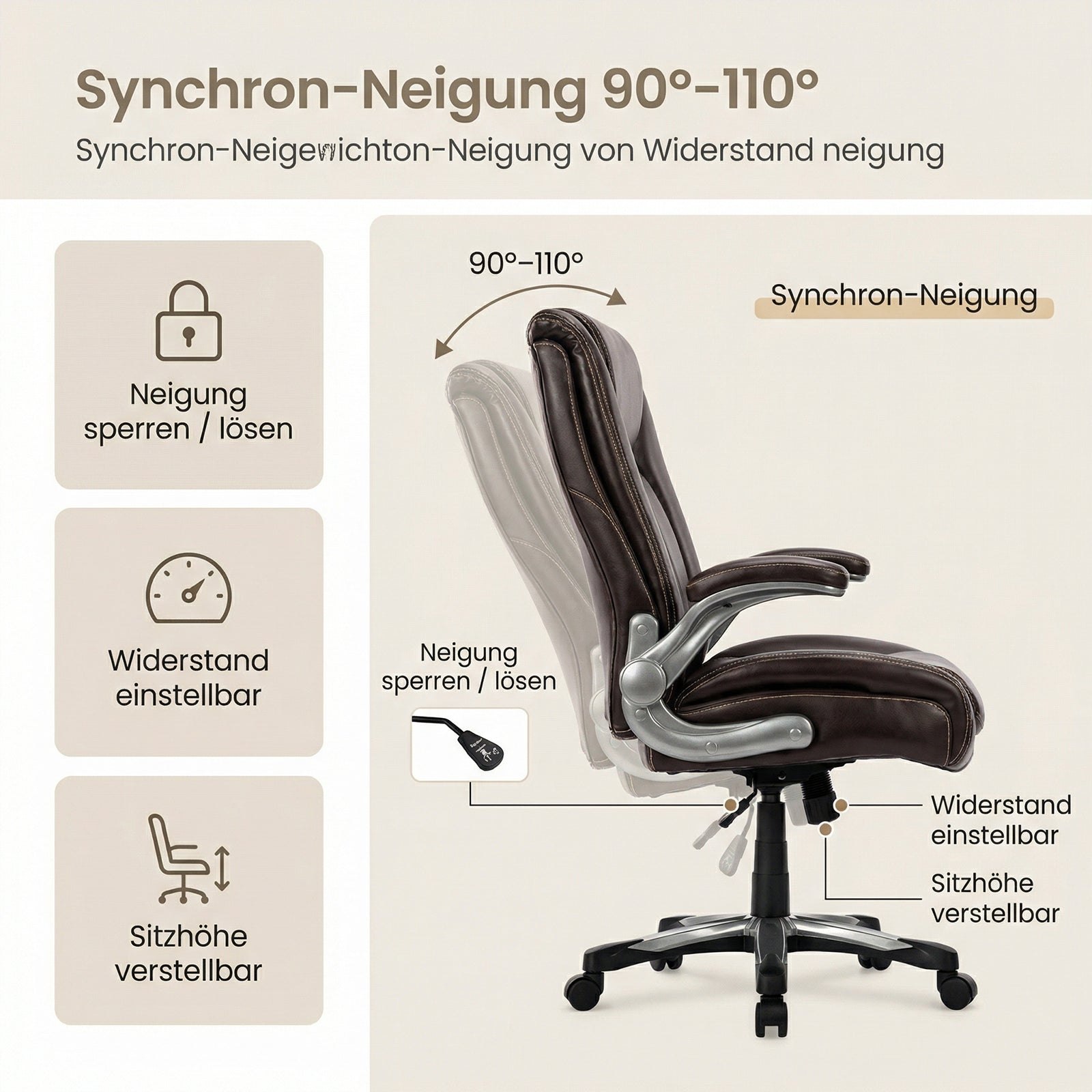 Brauner Bürostuhl mit verstellbarer Neigung, Sitzhöhe und Widerstand.