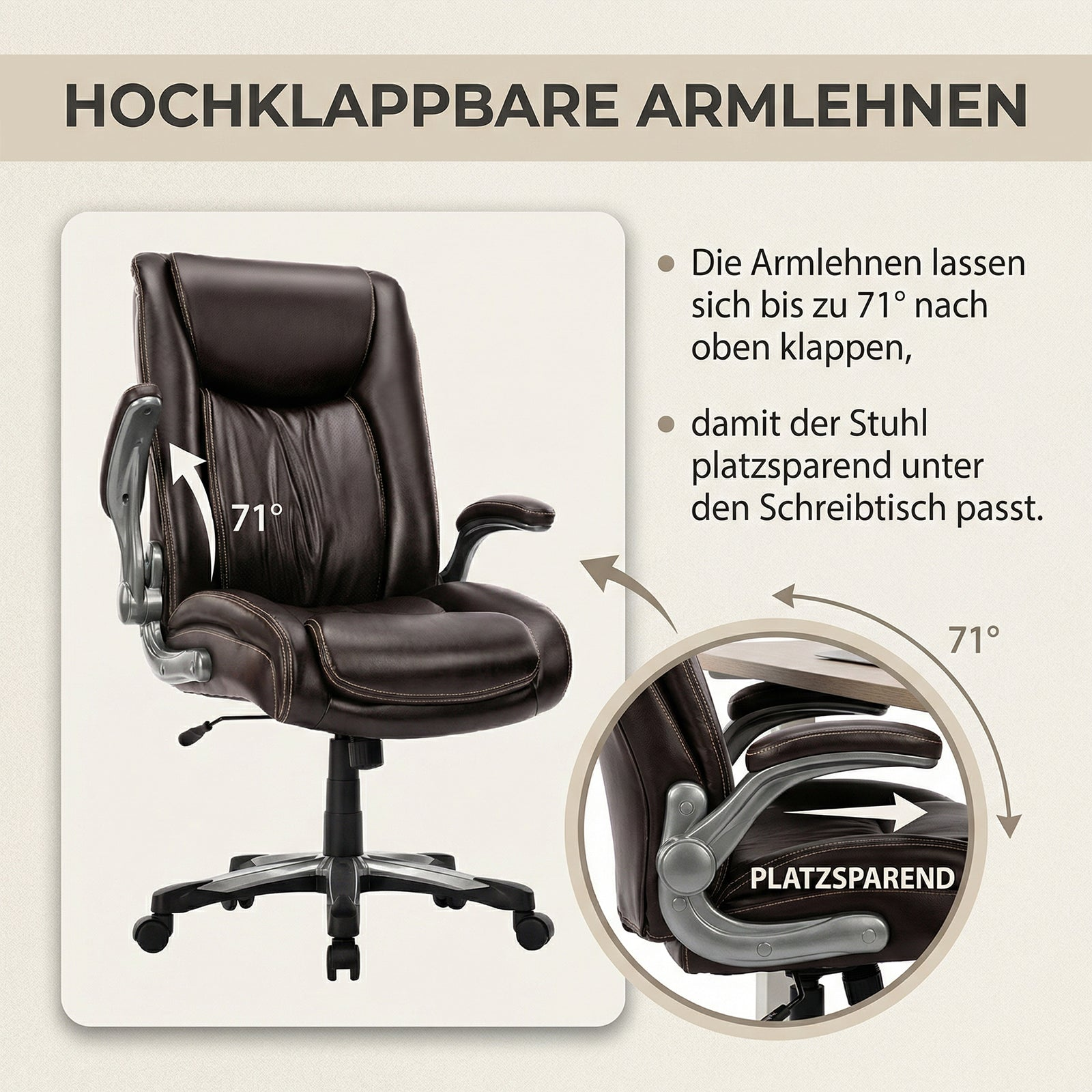 Brauner Bürostuhl mit hochklappbaren Armlehnen, 71° Neigung für platzsparendes Verstauen.