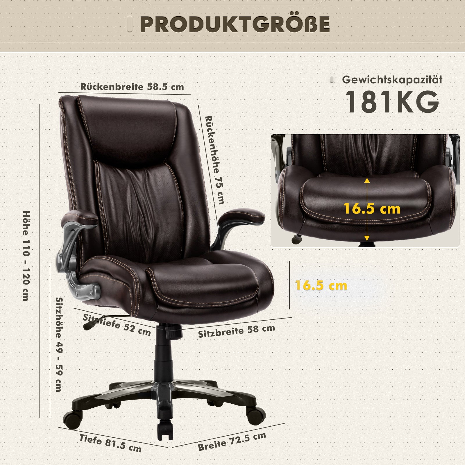 Brauner Bürostuhl mit Maßen: Rückenbreite 58.5cm, Sitzhöhe 49-59cm.