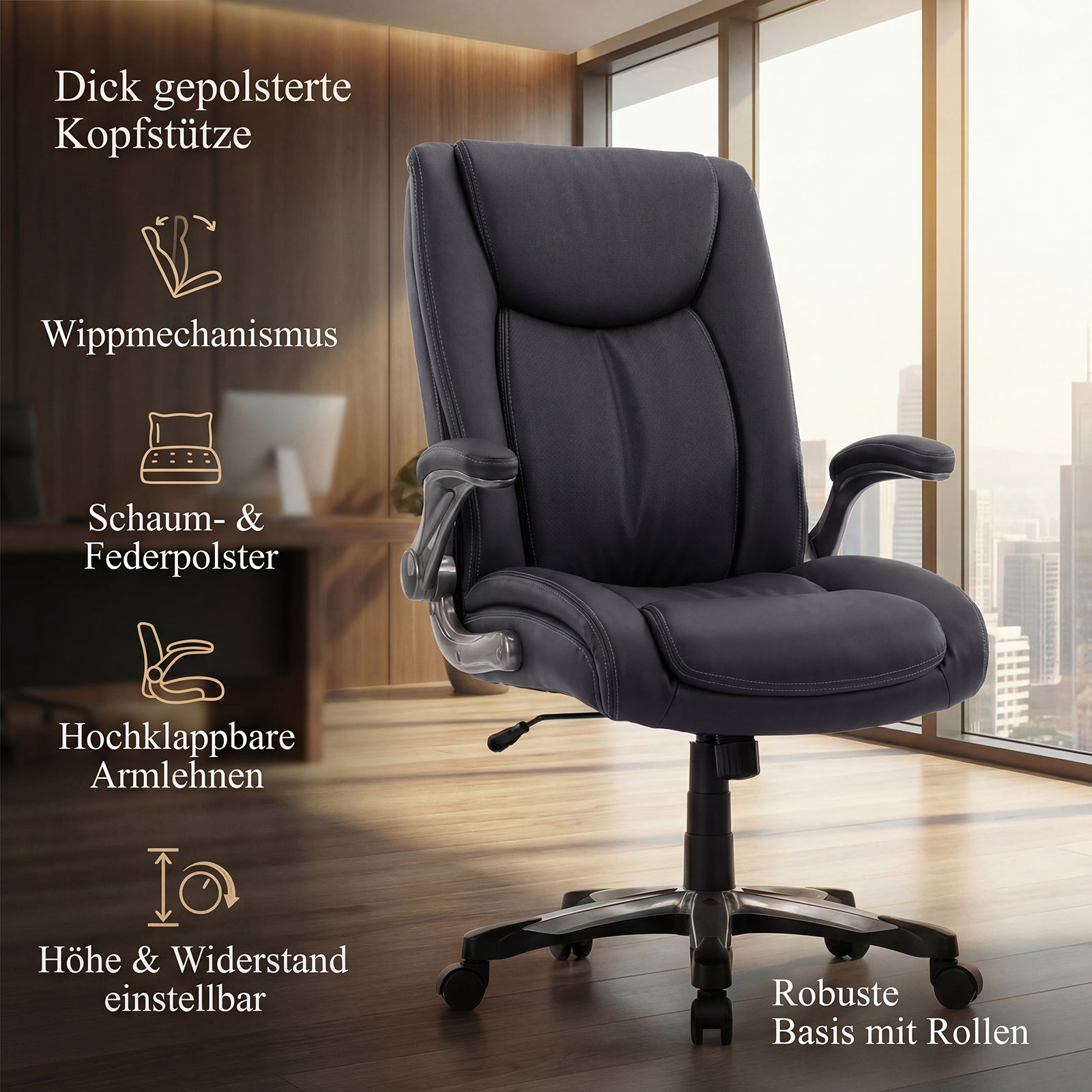 Ein dunkler Bürostuhl mit gepolstertem Kopfstütze, Armlehnen und Rollen.