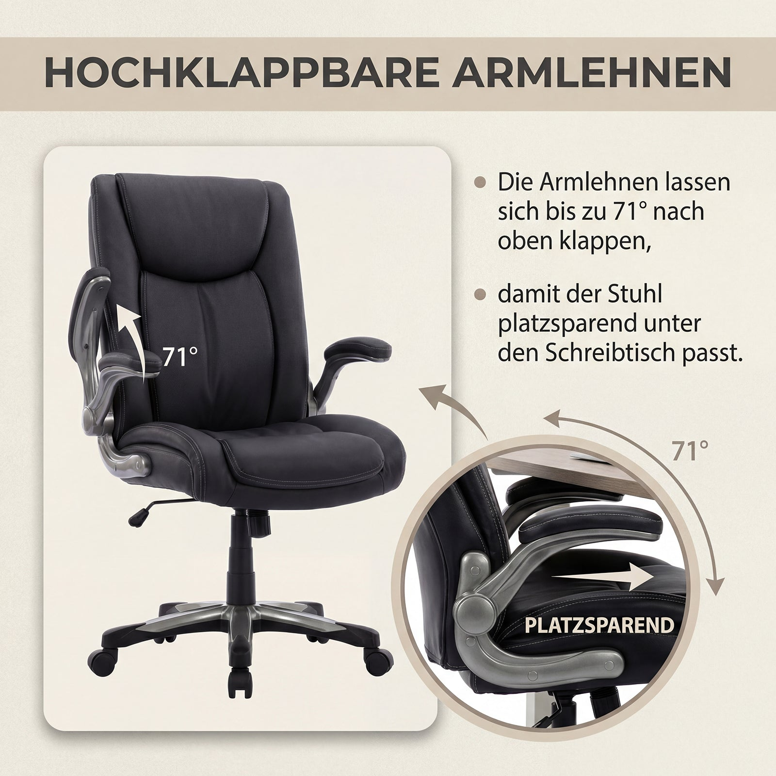 Schwarzer Bürostuhl mit hochklappbaren Armlehnen, die sich bis 71 Grad neigen lassen.