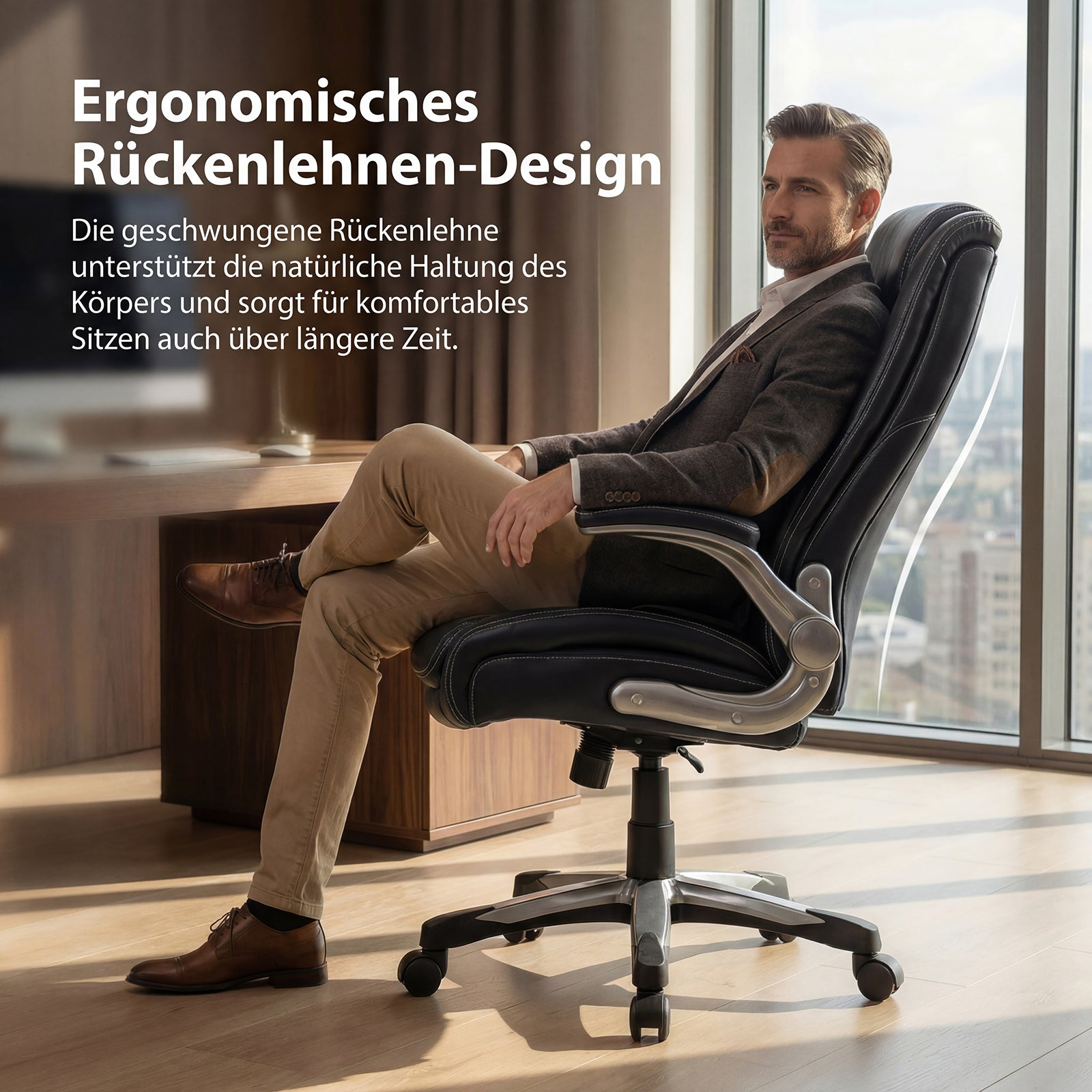 Mann sitzt in schwarzem Bürostuhl vor Fenster, mit Text über ergonomisches Design.