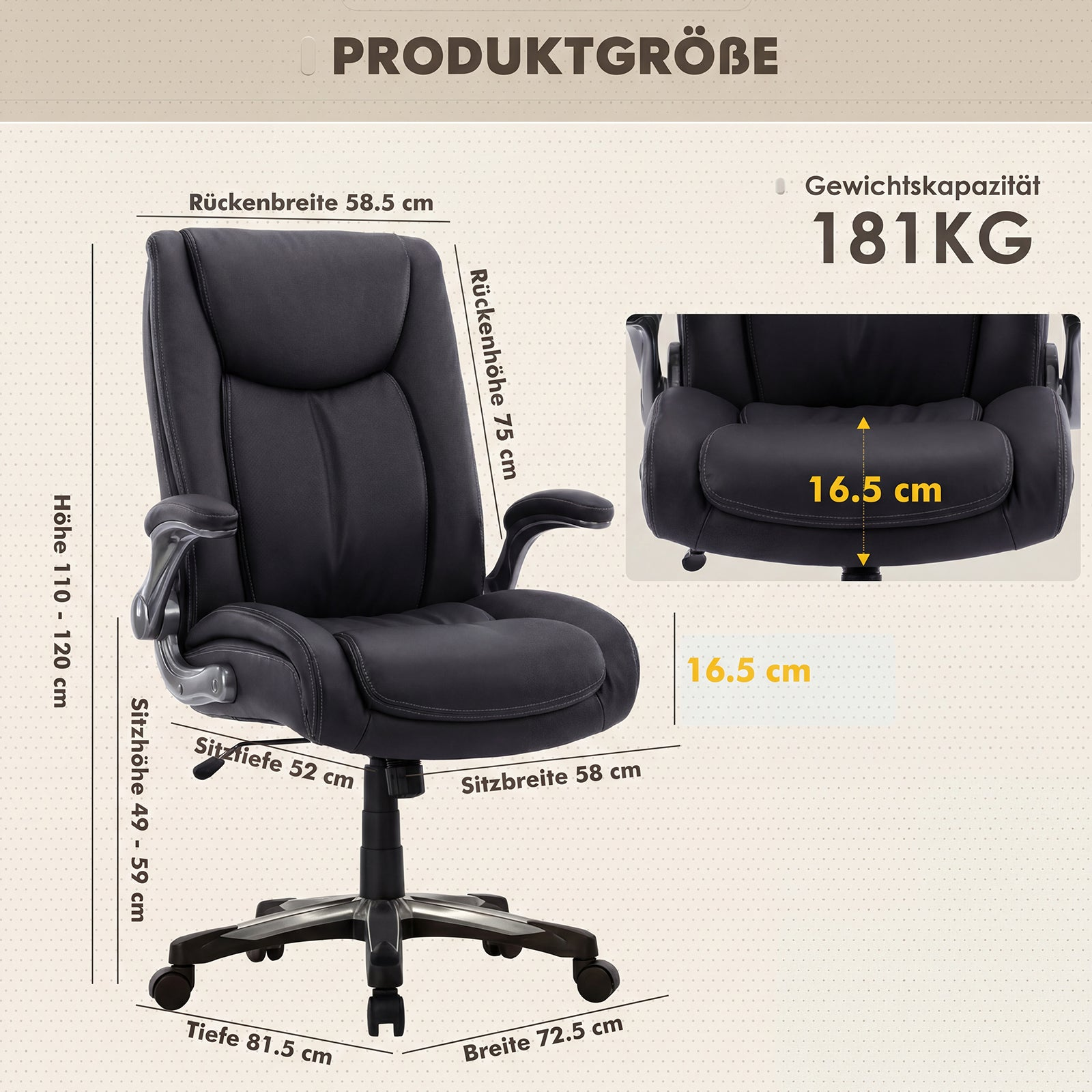 Schwarzer Bürostuhl mit Maßen und Gewichtskapazität von 181kg.