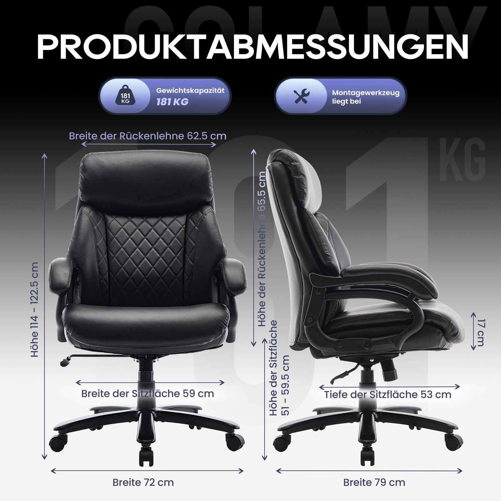 Schwarzer Bürostuhl mit Maßen: Rückenlehne 62,5cm breit, Sitzfläche 59cm breit.