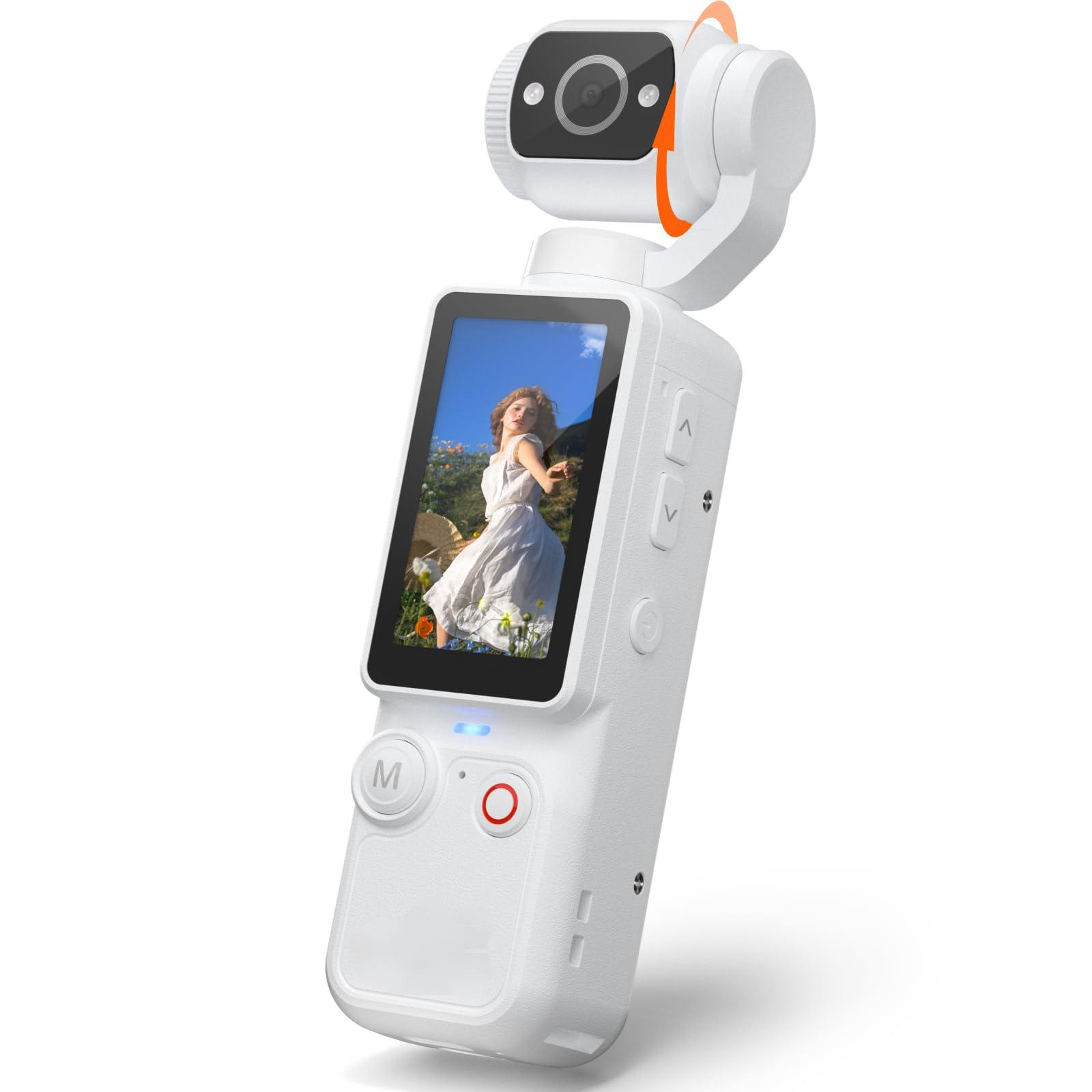 Ein weißer Gimbal-Stabilisator mit einer Kamera und einem Bildschirm, der eine Frau zeigt.