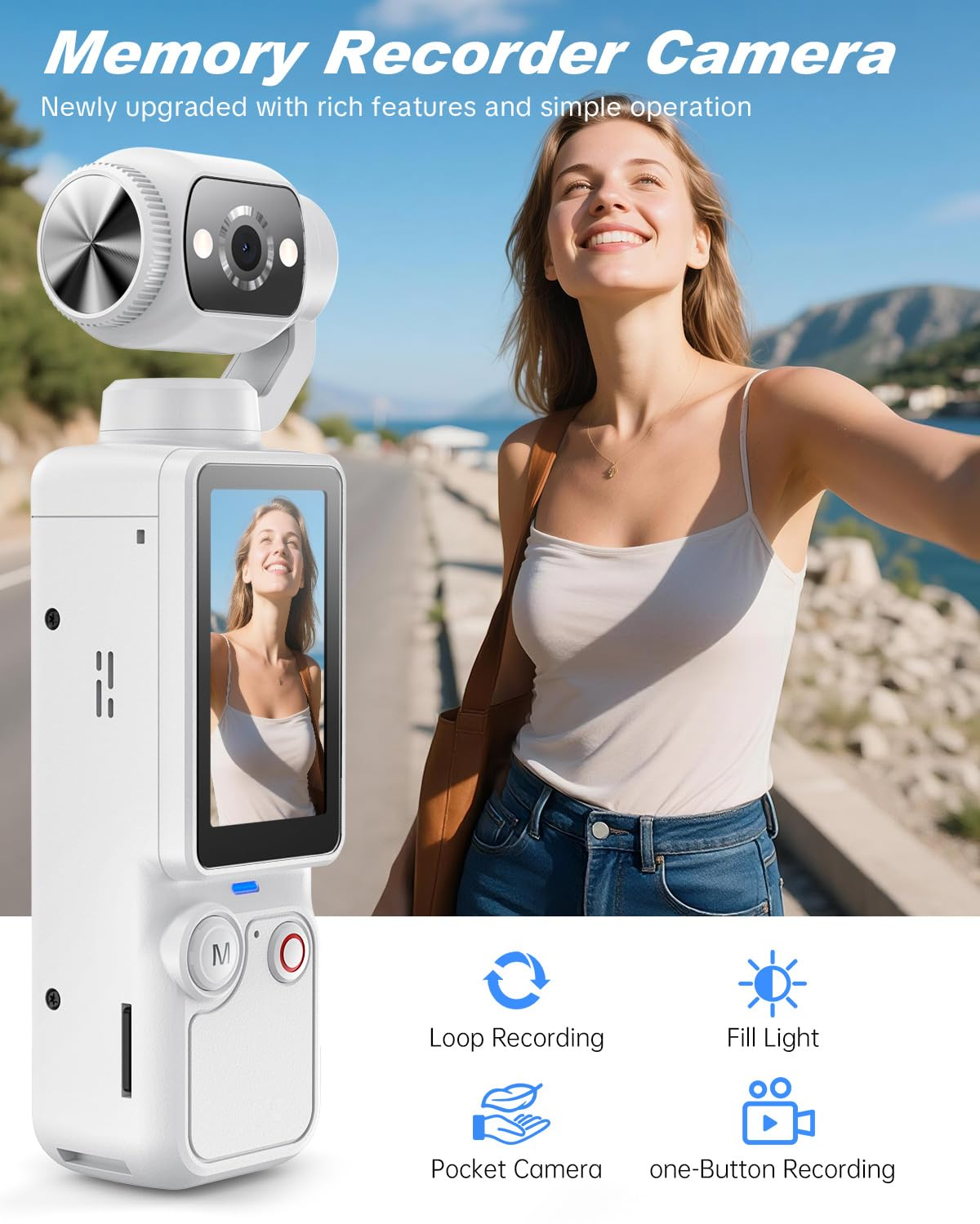 Weiße Kamera mit Gimbal und lächelnder Frau im Hintergrund, mit Funktionssymbolen.