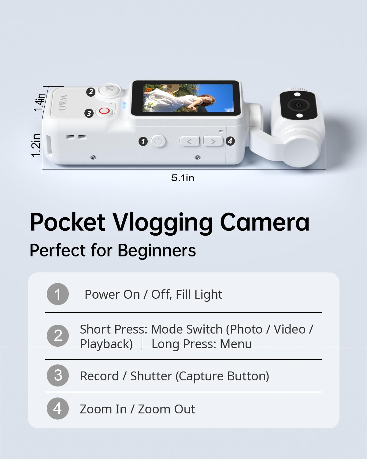 Kompakte Vlogging-Kamera mit Touchscreen und Bedienelementen. Maße angegeben.