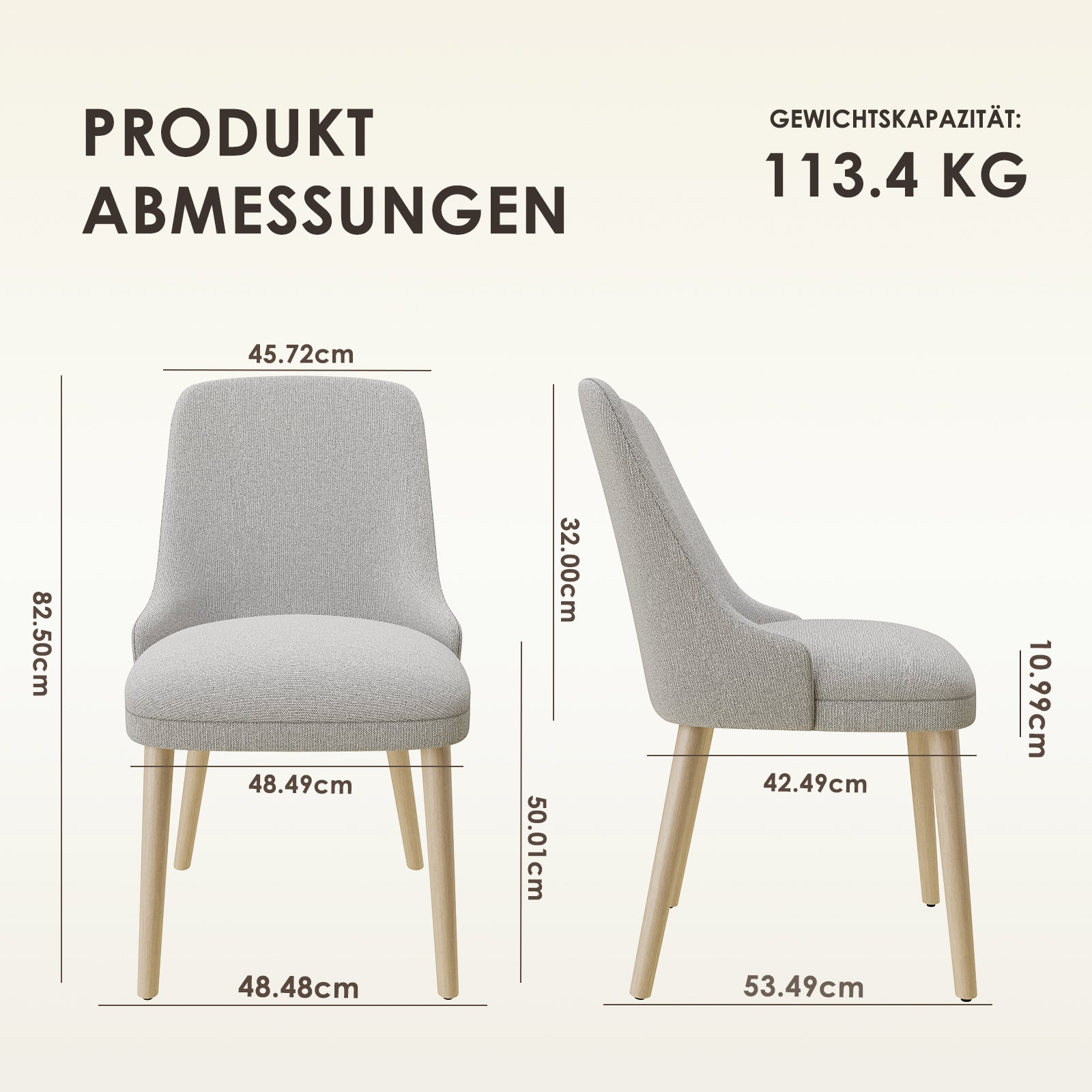 Grauer Stoffstuhl mit Holzbeinen, Maße und Gewichtskapazität 113,4 kg.