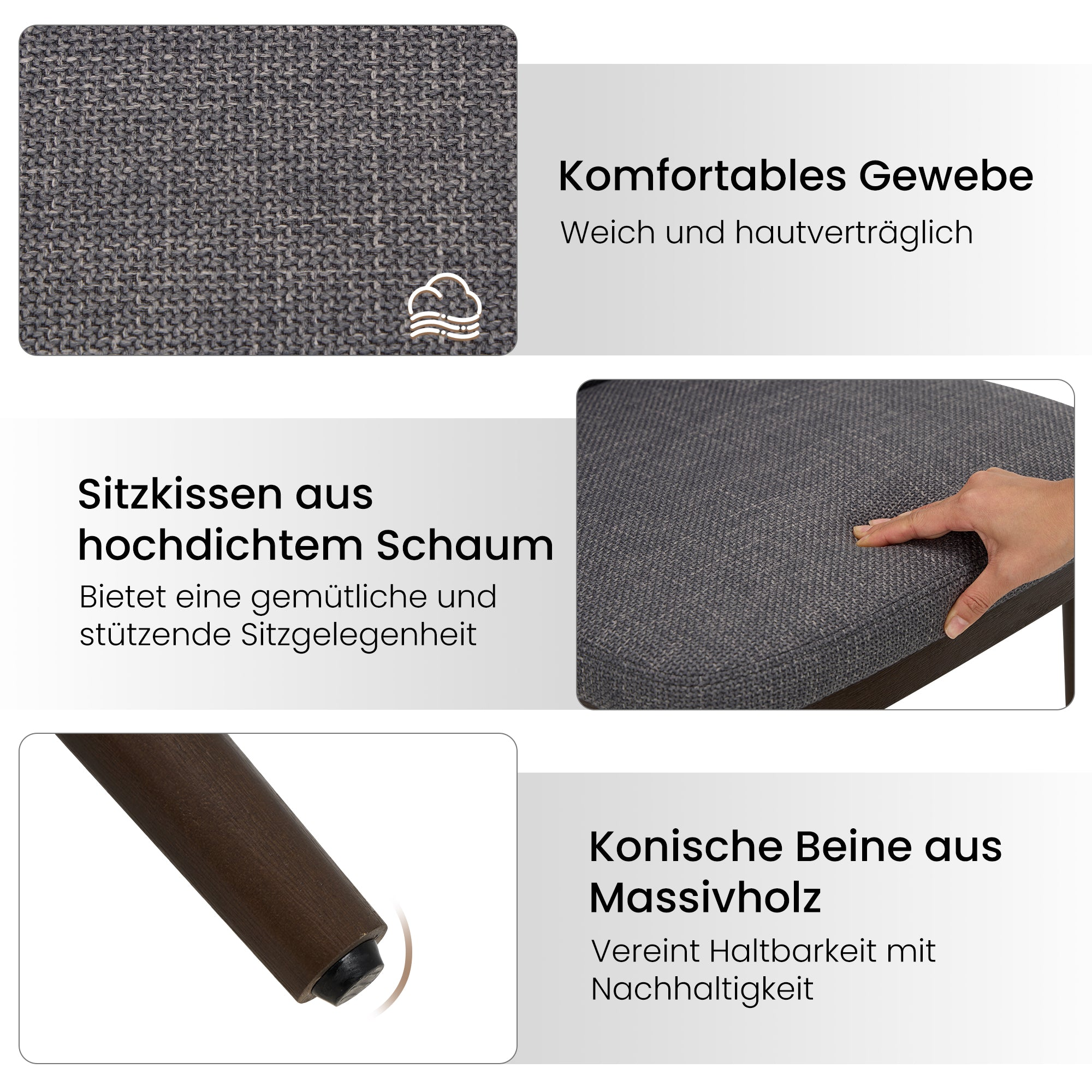 Textile, Schaumstoffkissen und konische Holzbeine.