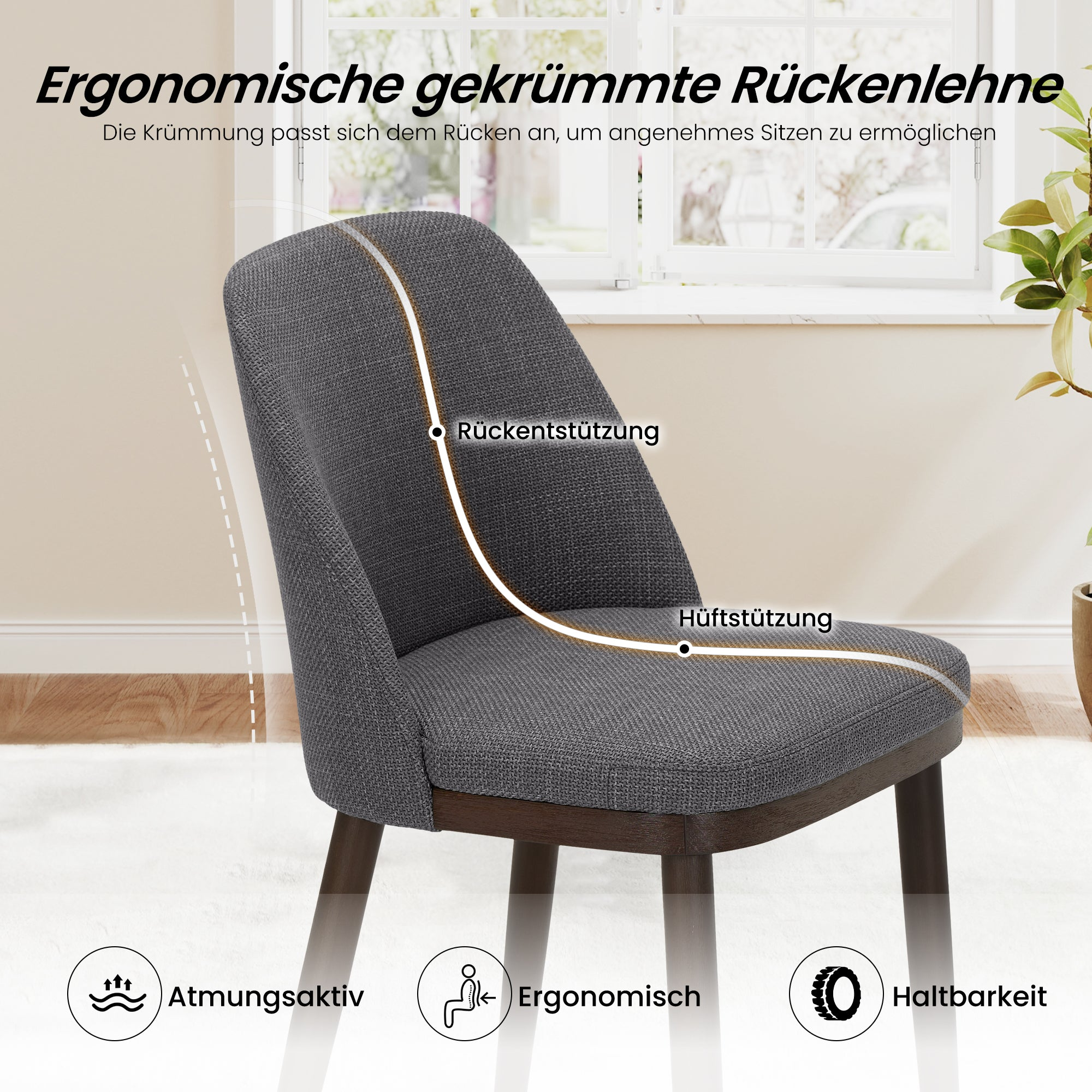 Grauer Stuhl mit ergonomischer Rückenlehne, Hüftstützung, atmungsaktiv und langlebig.