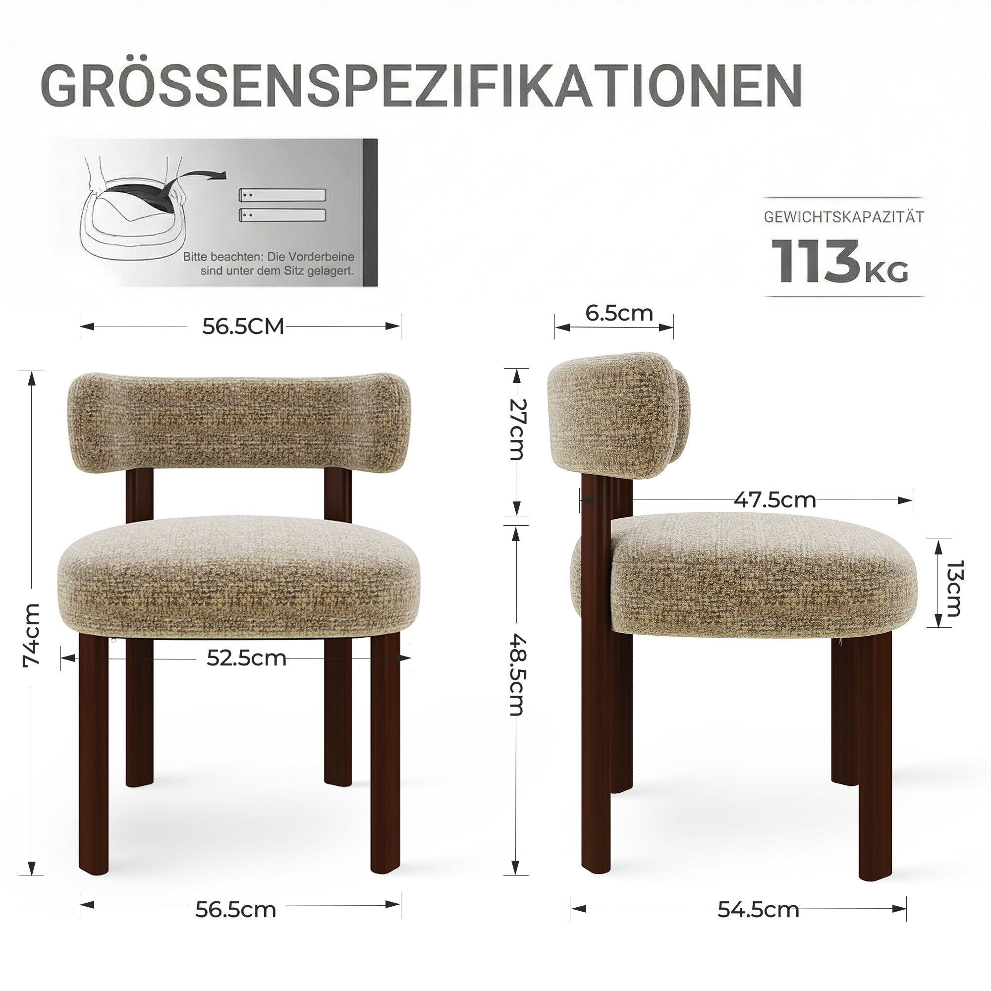 Stuhl mit Maßen und Gewichtskapazität von 113kg. Stoffbezug, dunkle Holzbeine.