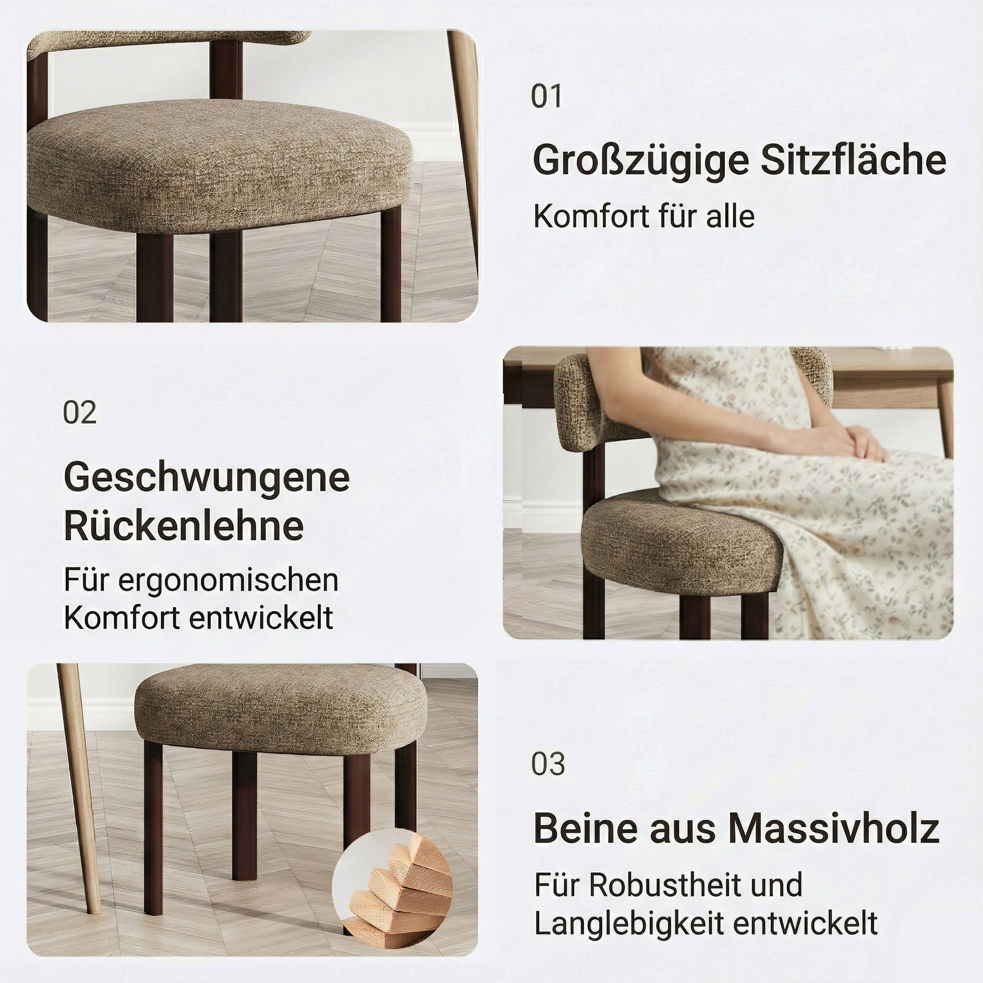 Ein Stuhl mit gepolsterter Sitzfläche, geschwungener Rückenlehne und Holzbeinen.