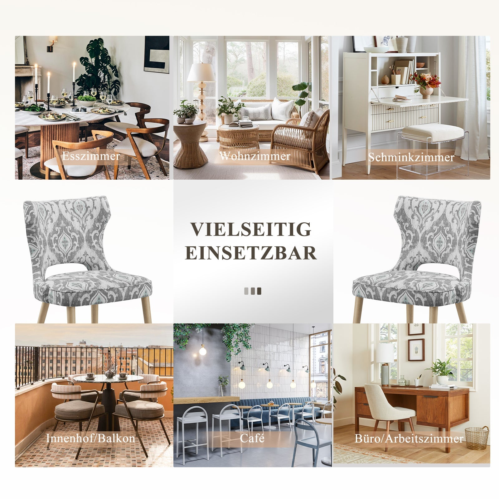 Collage aus Wohnräumen: Esszimmer, Wohnzimmer, Schminkzimmer, Balkon, Café, Büro.