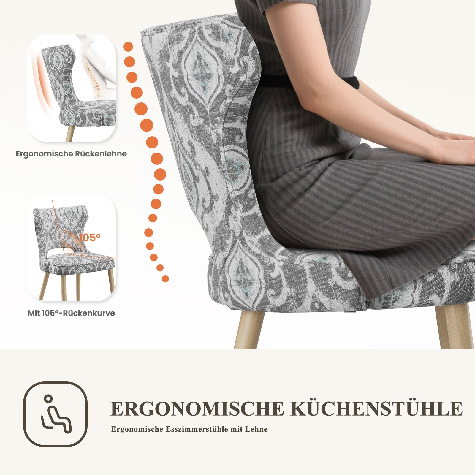 Eine Frau sitzt auf einem Stuhl mit Muster. Zeigt ergonomische Merkmale.