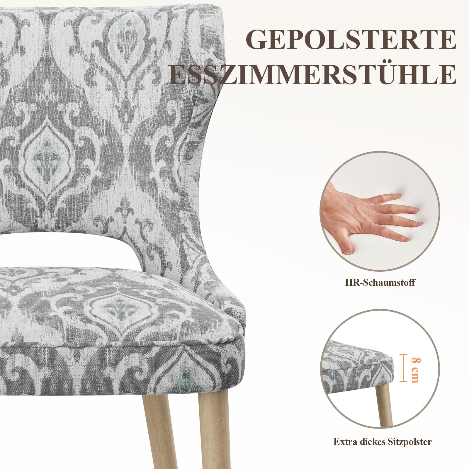 Gepolsterter Esszimmerstuhl mit grauem Muster, Schaumstoff und 8 cm Sitzpolster.