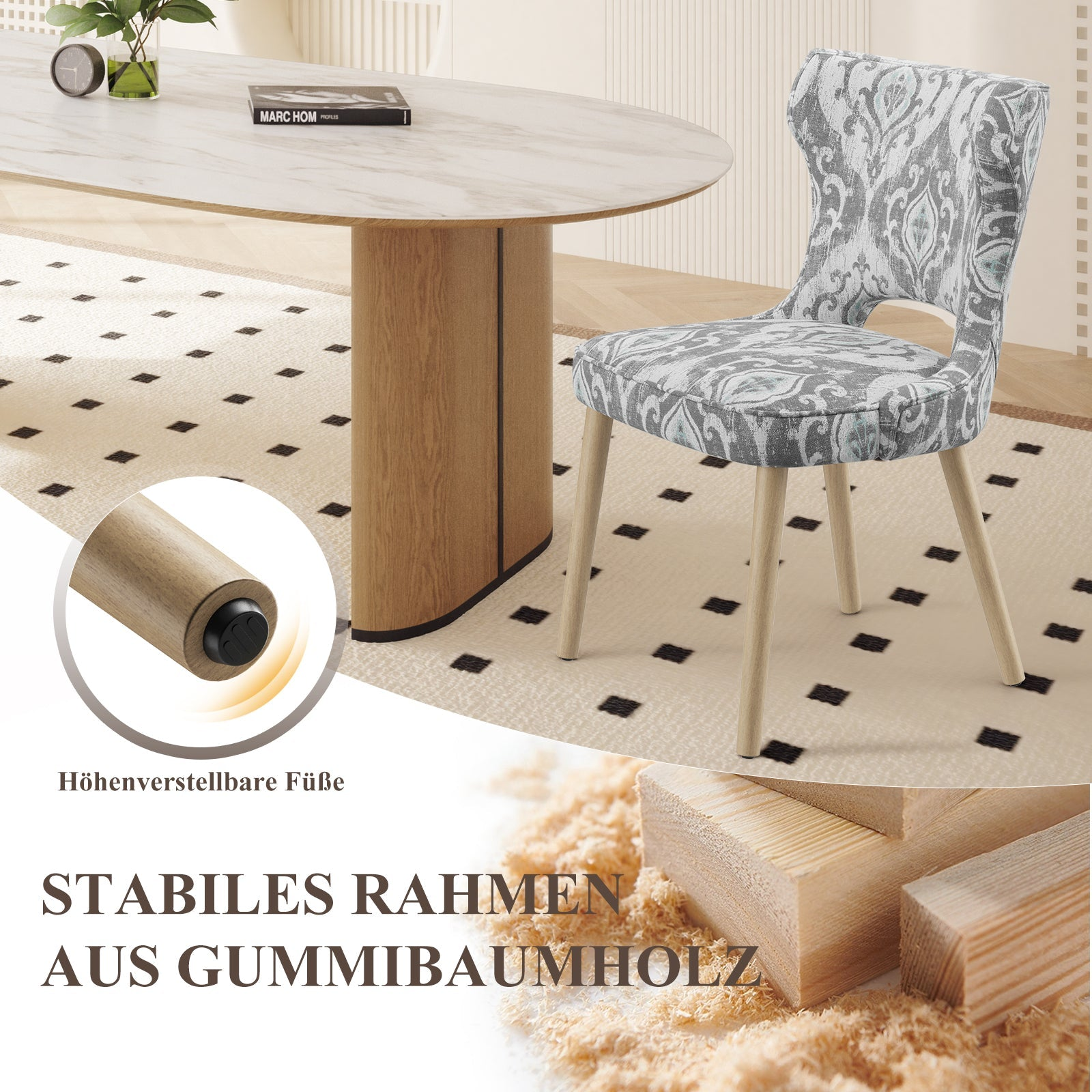 Ein gemusterter Stuhl steht neben einem ovalen Tisch mit Holzbein und Marmorplatte.