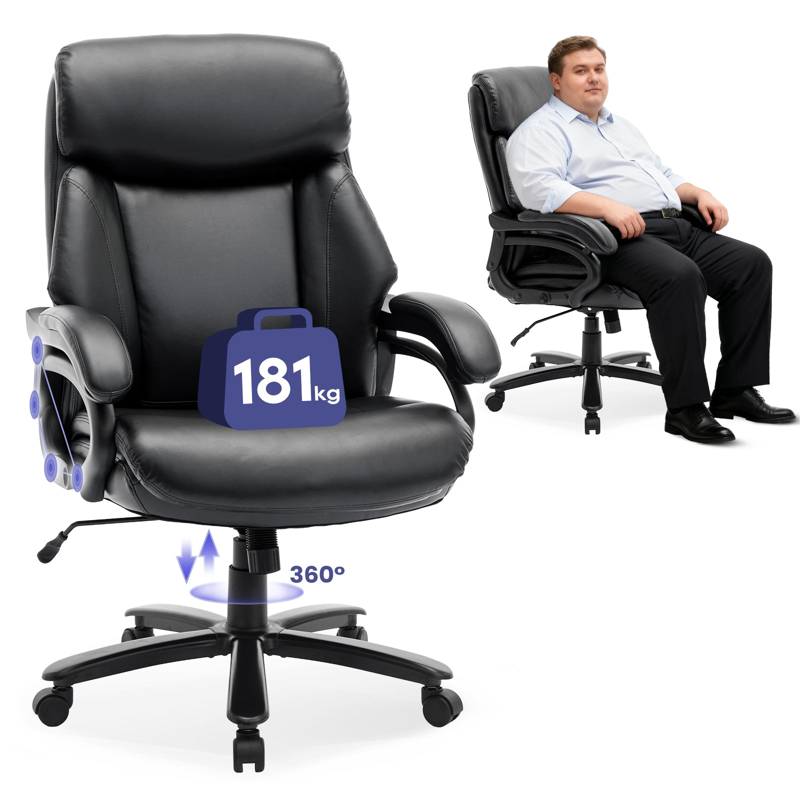 Schwarzer Bürostuhl mit 181kg Kapazität und 360°-Drehung.