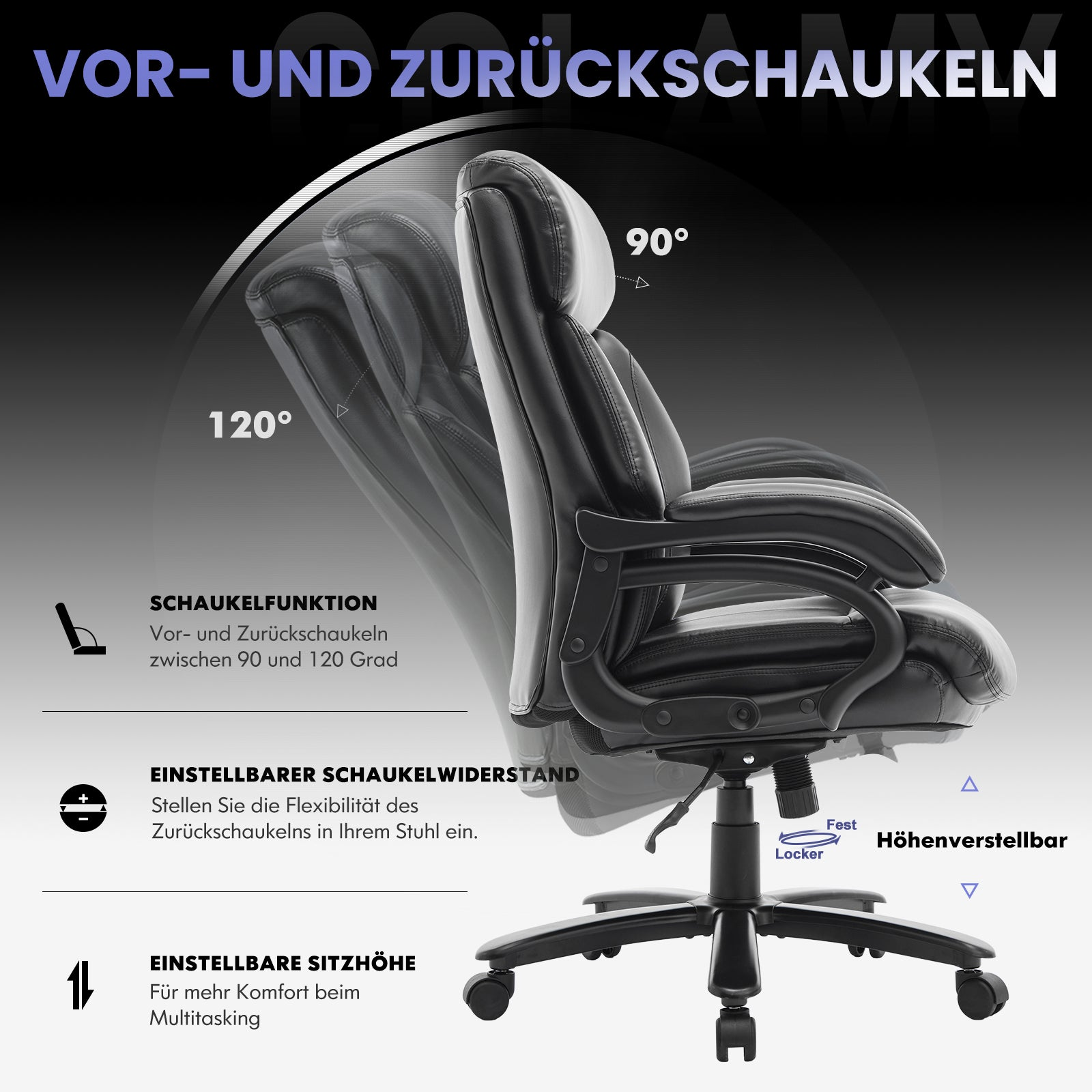 Ein schwarzer Bürostuhl mit Kippfunktion zwischen 90° und 120°.