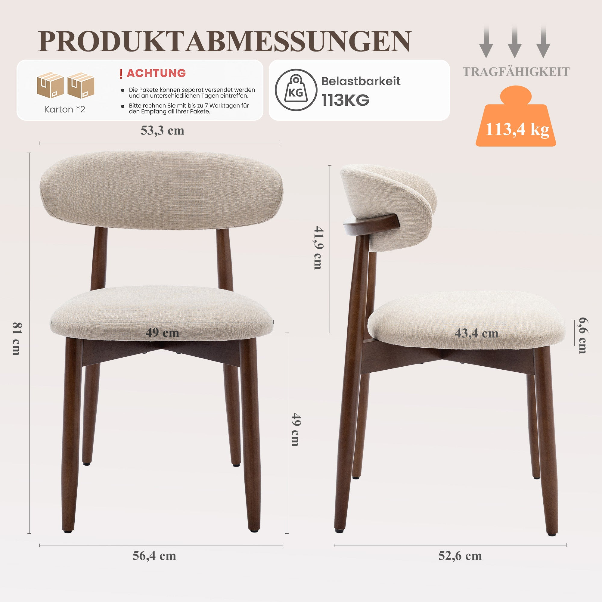 Produktmaße: Stuhl mit Stoffbezug, Holzbeine. Maße: 81x56,4x49 cm. Max. Traglast: 113 kg.
