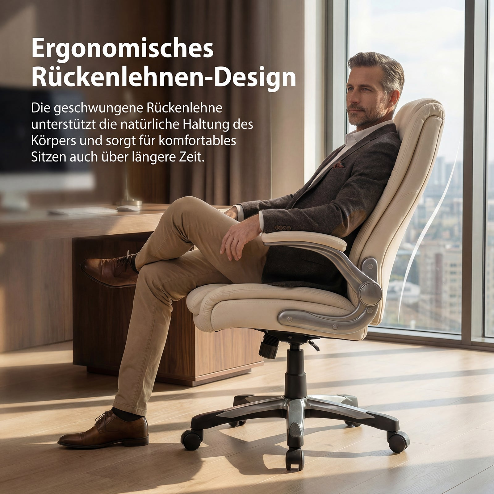 Mann sitzt in einem cremefarbenen Bürostuhl mit geschwungener Rückenlehne, vor einem Fenster.