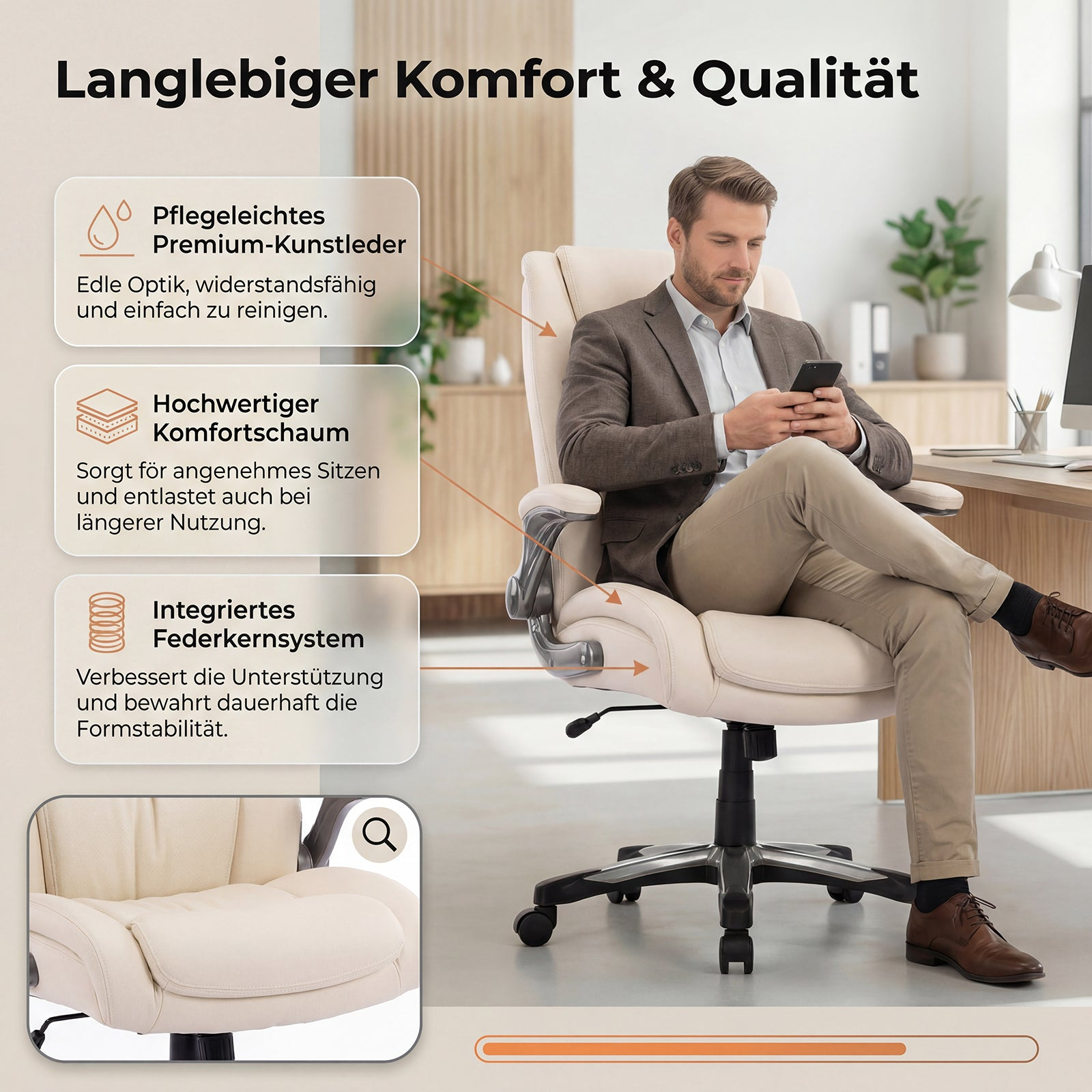Mann sitzt in einem beigen Bürostuhl und schaut auf sein Handy. Produktmerkmale sind hervorgehoben.