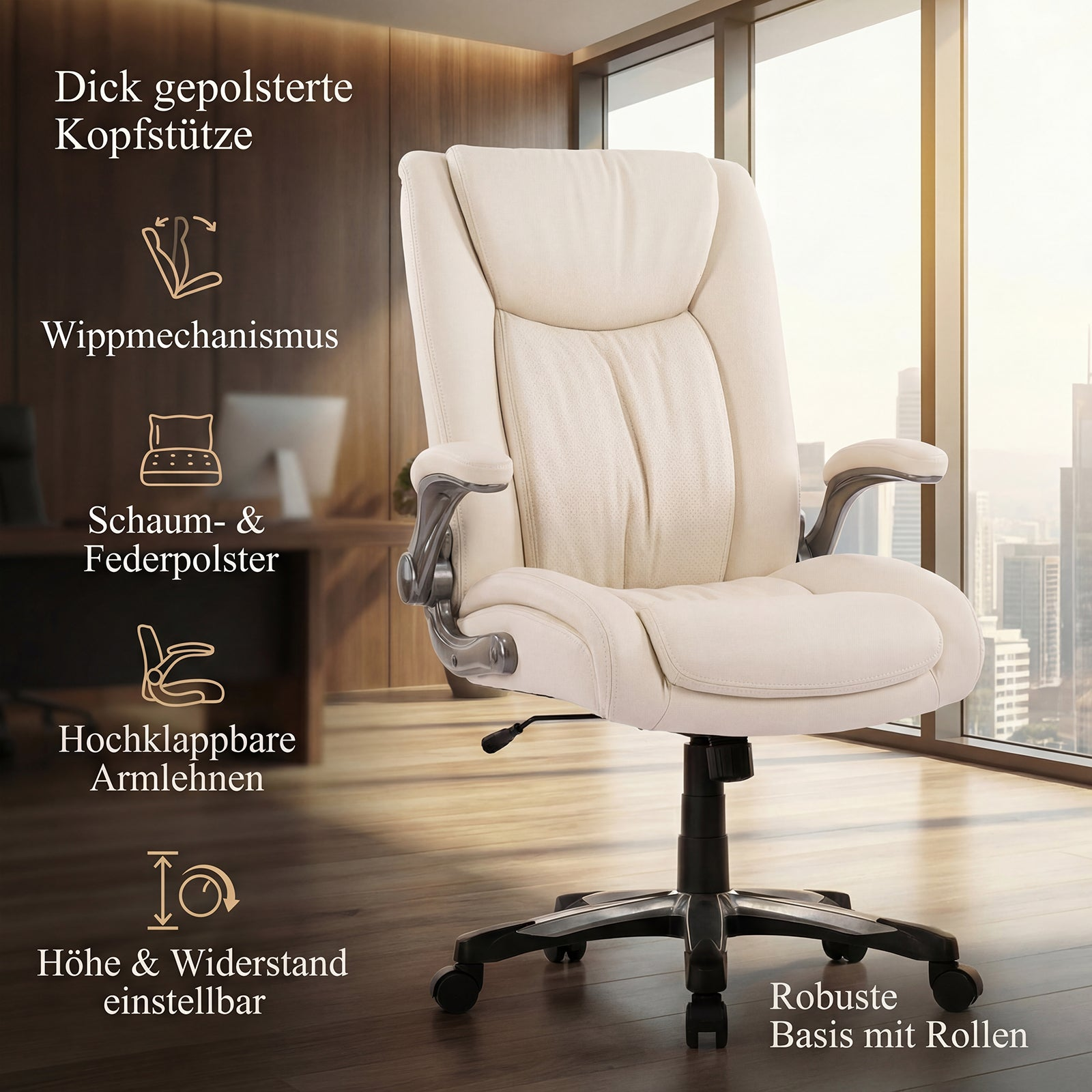 Ein cremefarbener Bürostuhl mit gepolsterter Kopfstütze, Armlehnen und Rollen.