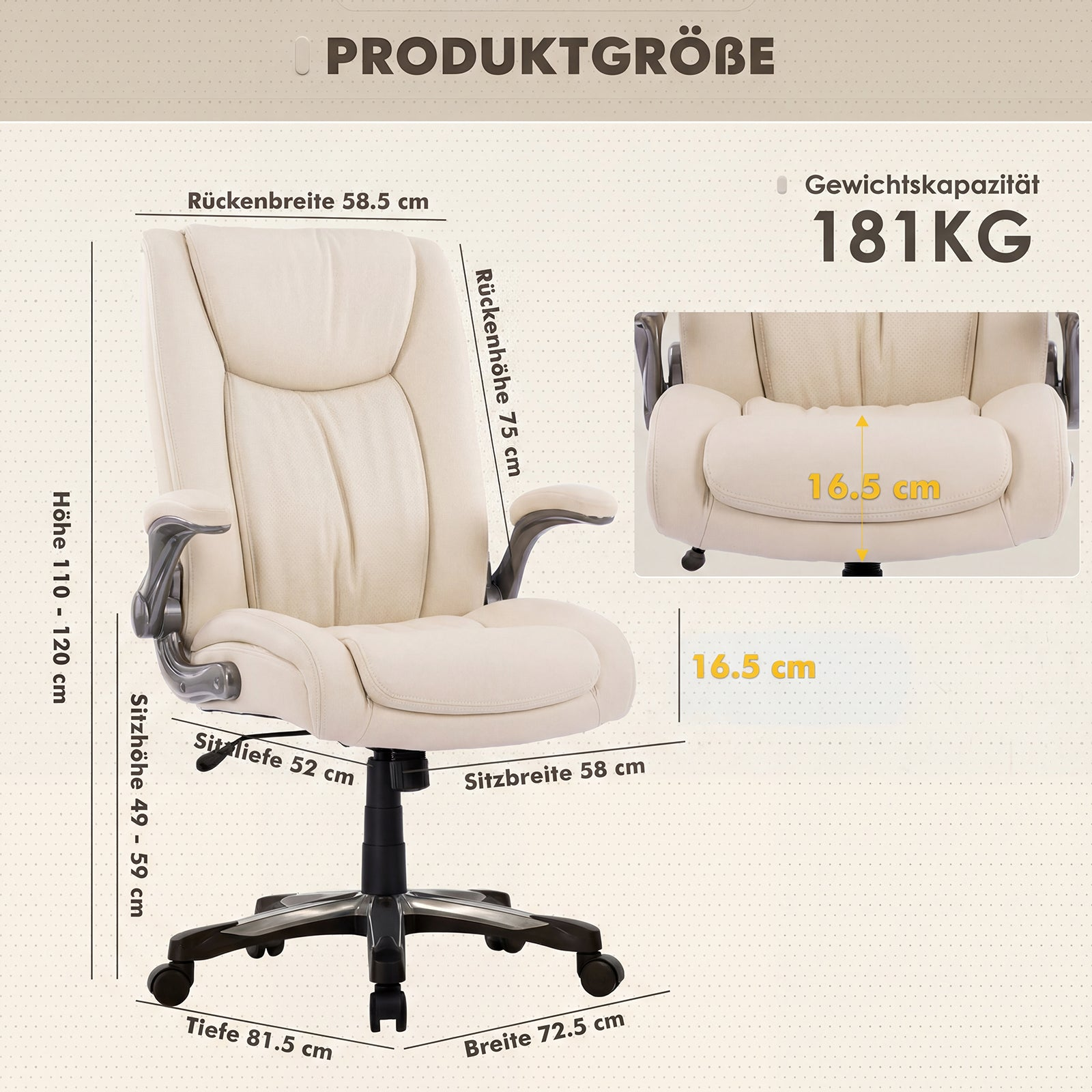 Bürostuhl mit Maßen: Rückenbreite 58,5cm, Höhe 110-120cm, Sitztiefe 52cm.