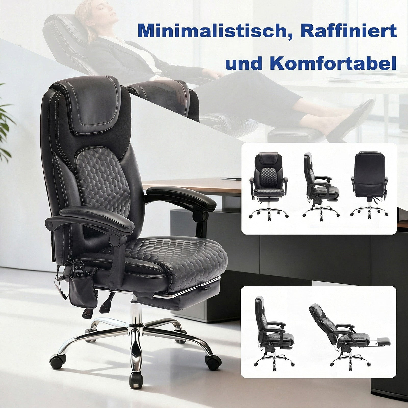 Schwarzer Bürostuhl mit Fußstütze und Massagemodul, auf Rollen.
