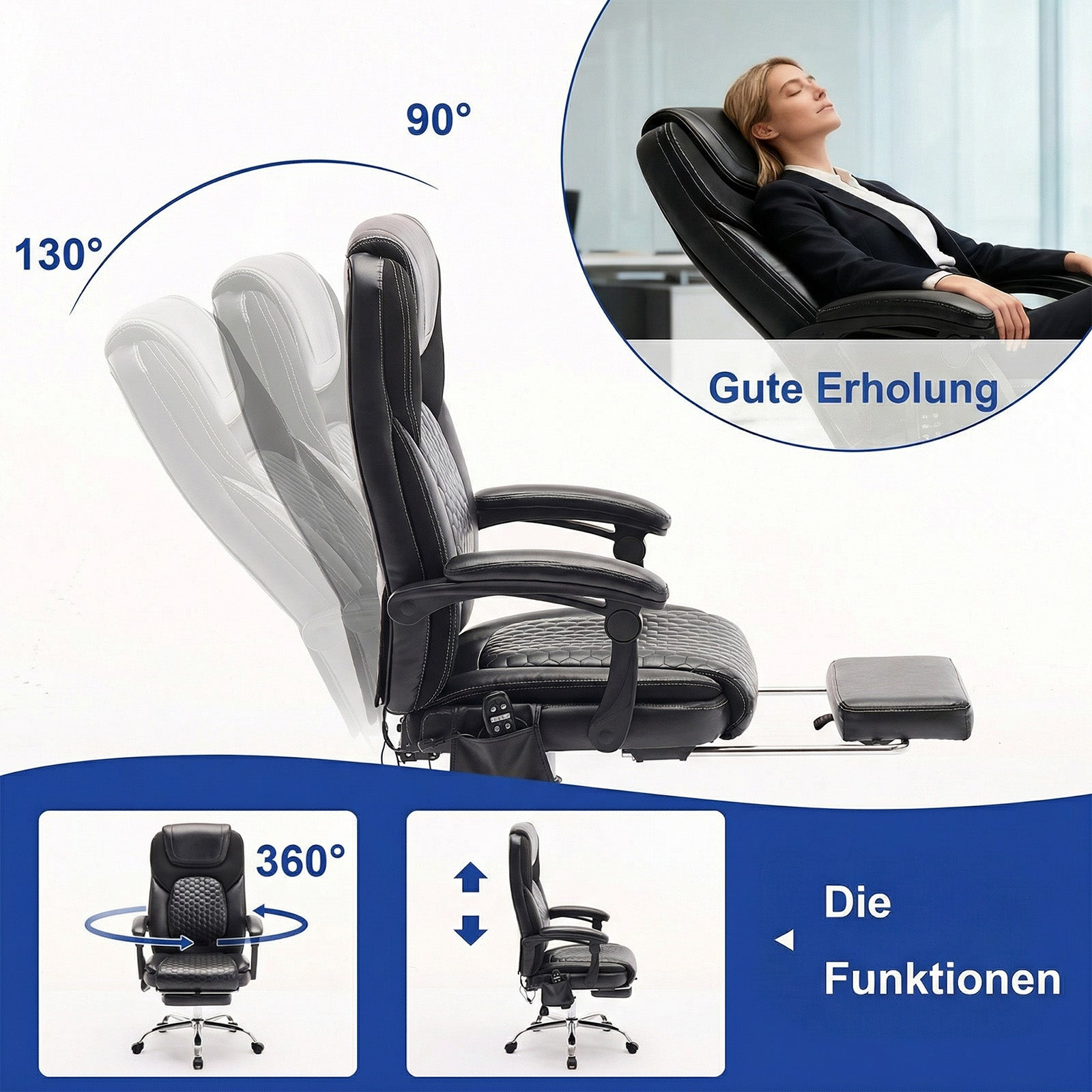 Ein schwarzer Bürostuhl mit Fußstütze, verstellbar von 130° bis 90°.