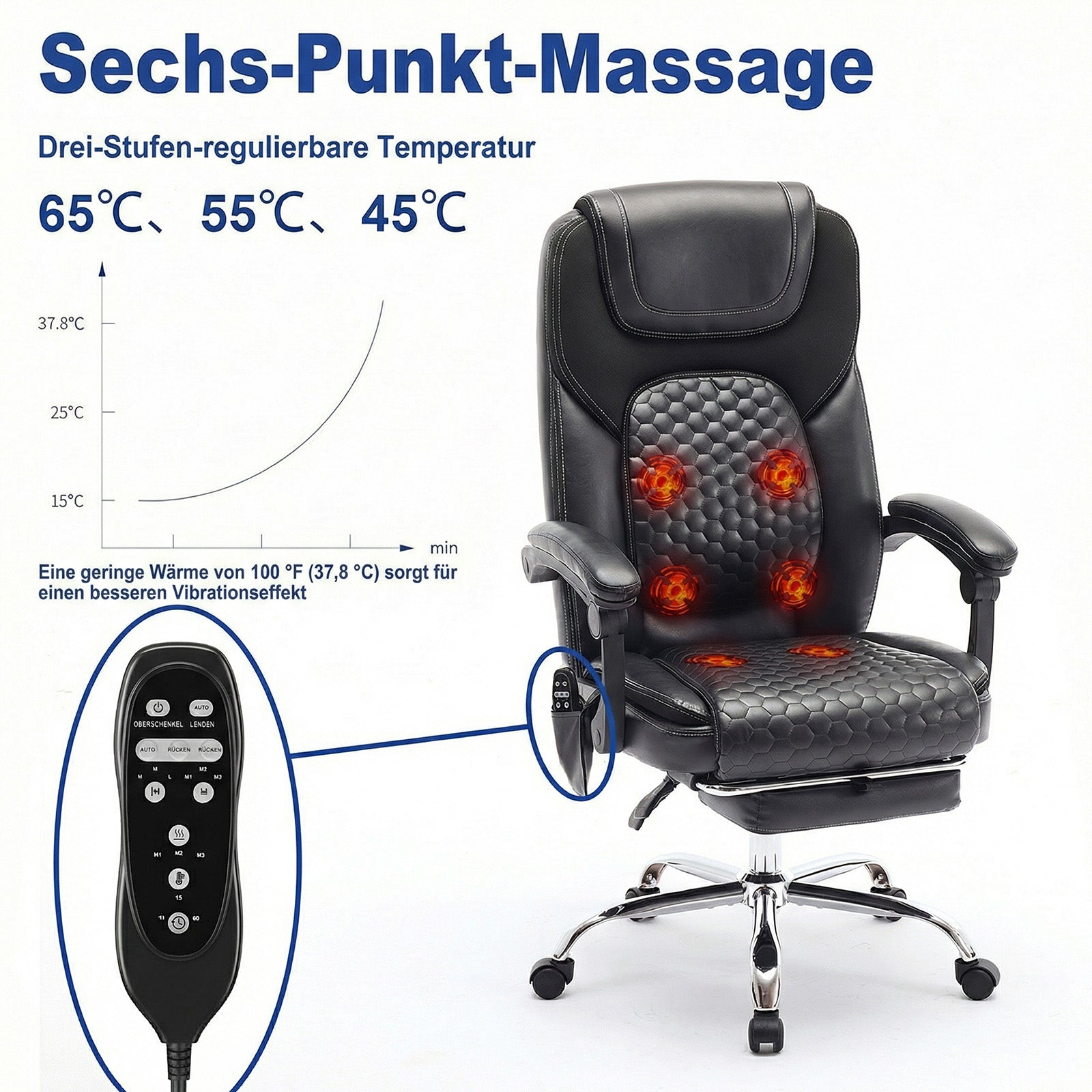 Schwarzer Massagesessel mit Fernbedienung, Temperaturanzeige und Heizfunktion.