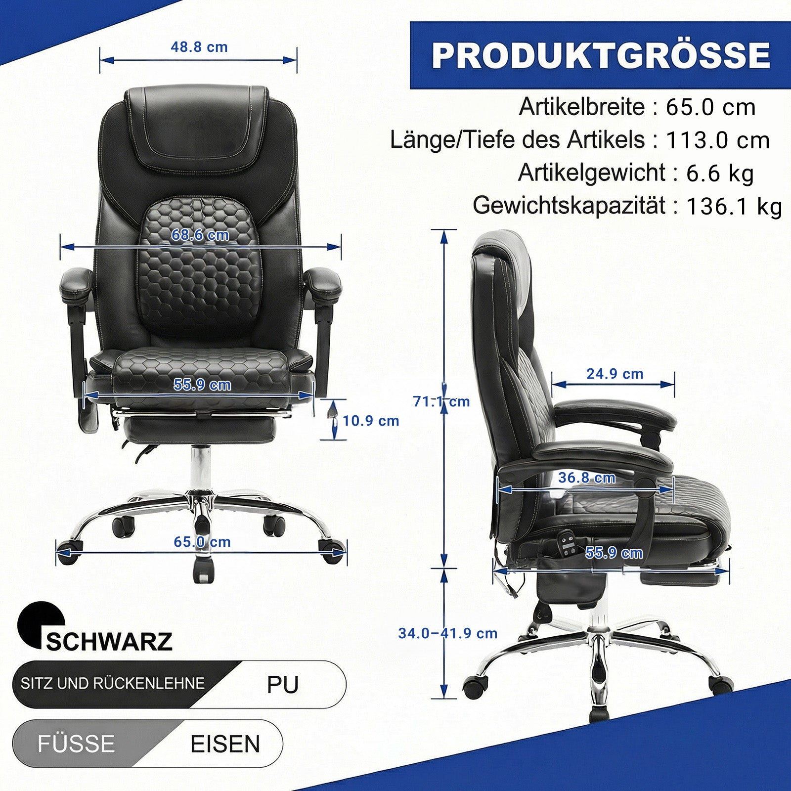 Schwarzer Bürostuhl mit Maßen und Produktinformationen.