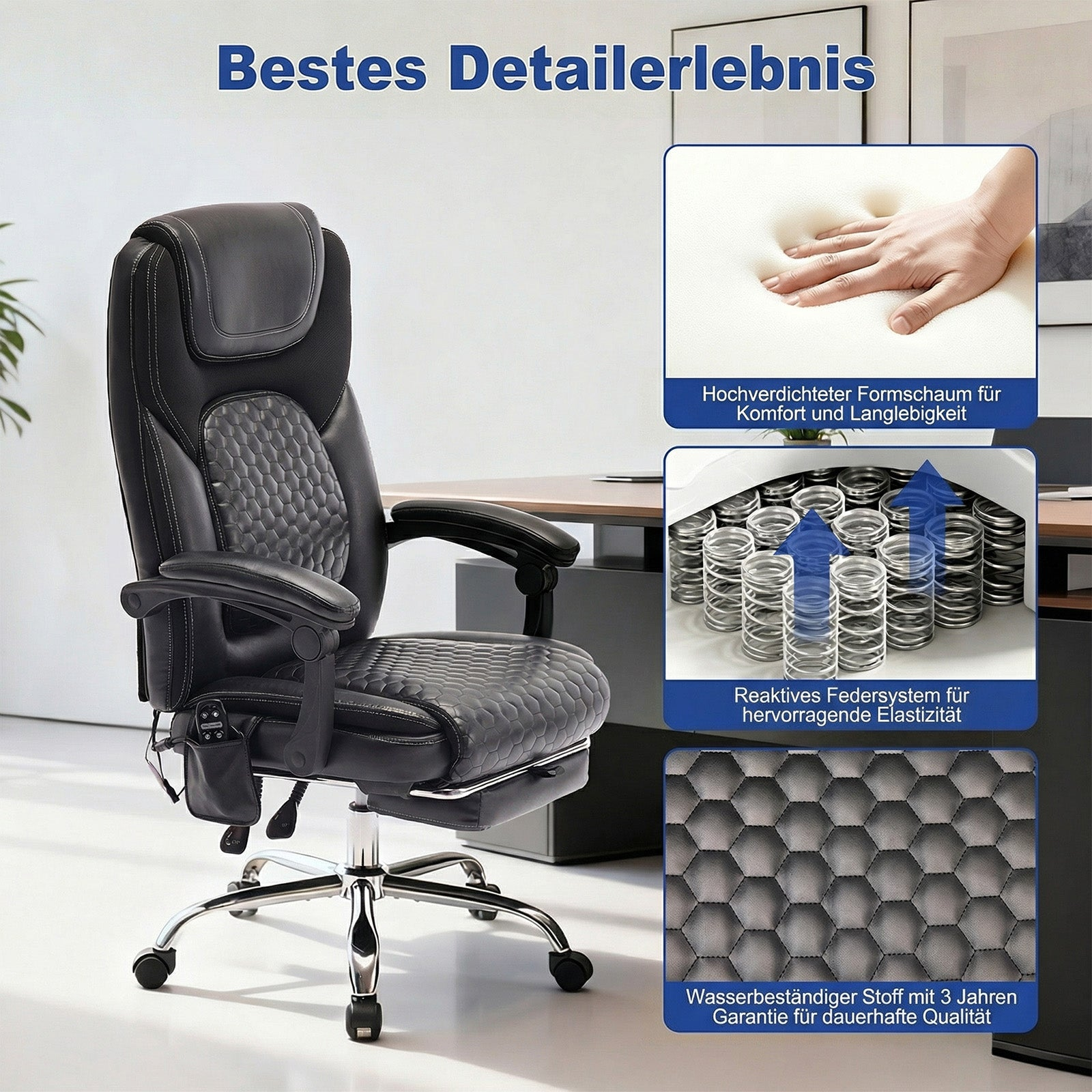 Schwarzer Bürostuhl mit gestepptem Sitz und Rückenteil, Details zu Schaumstoff und Federn.
