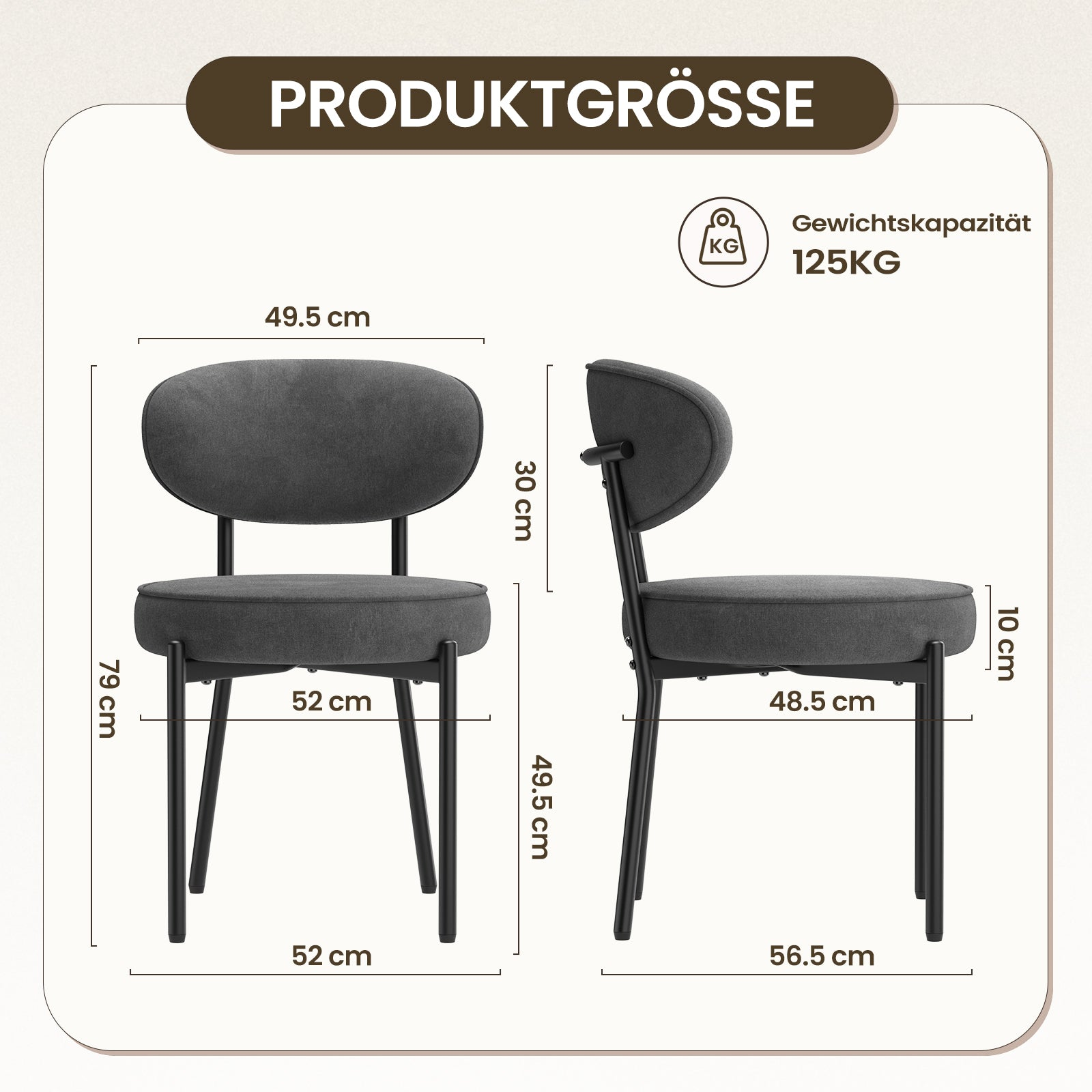 Ein dunkelgrauer Stuhl mit Maßen: 79cm H, 49.5cm B, 52cm T. Max. 125kg.